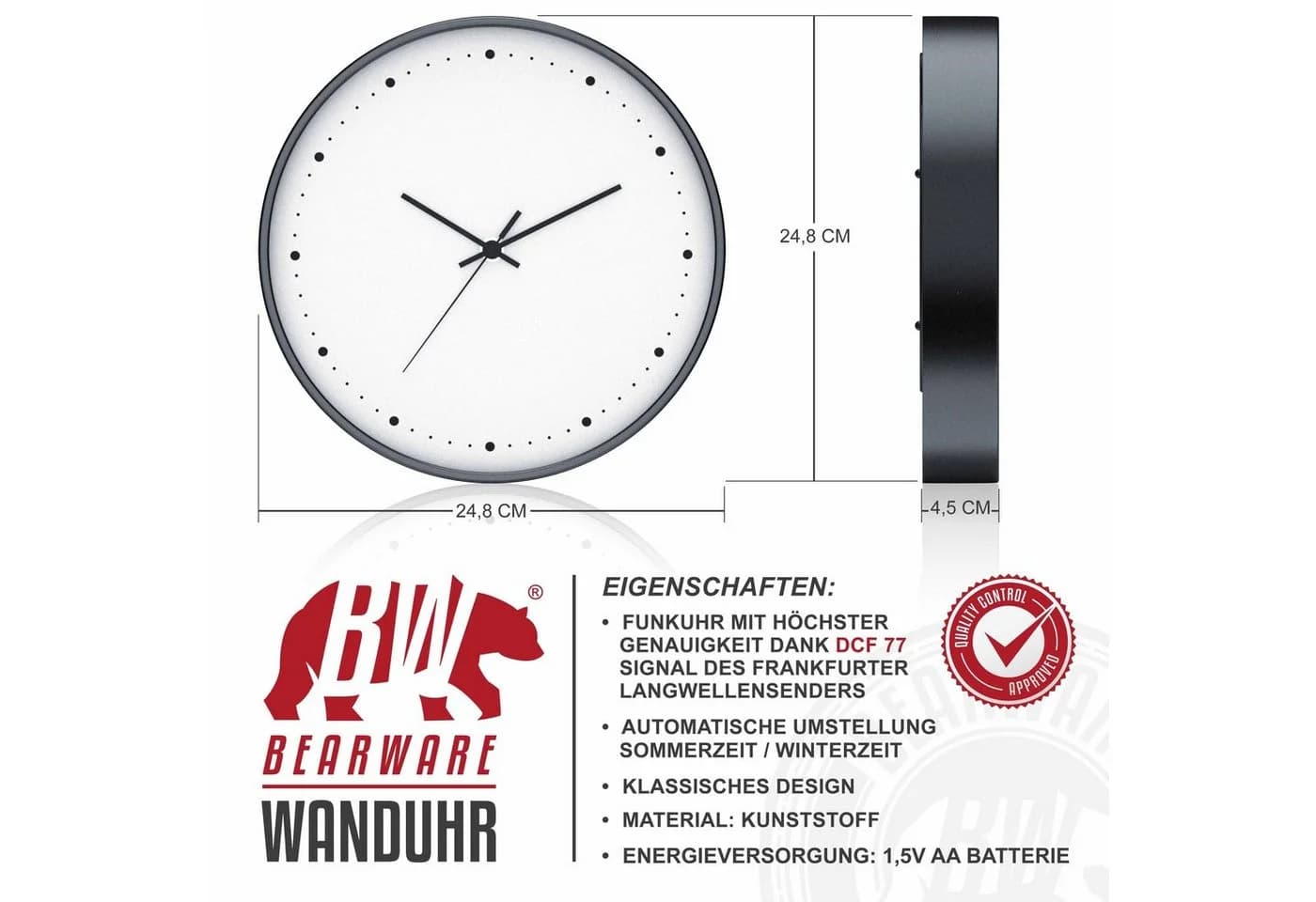 BEARWARE Funkwanduhr Wanduhr rund, Funkuhr, neutrales Design mit Glasabdeckung