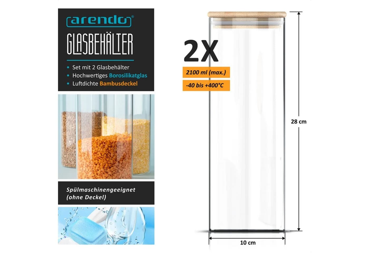 Arendo Glasbehälter-Set 2x 2,2 L mit Bambusdeckel