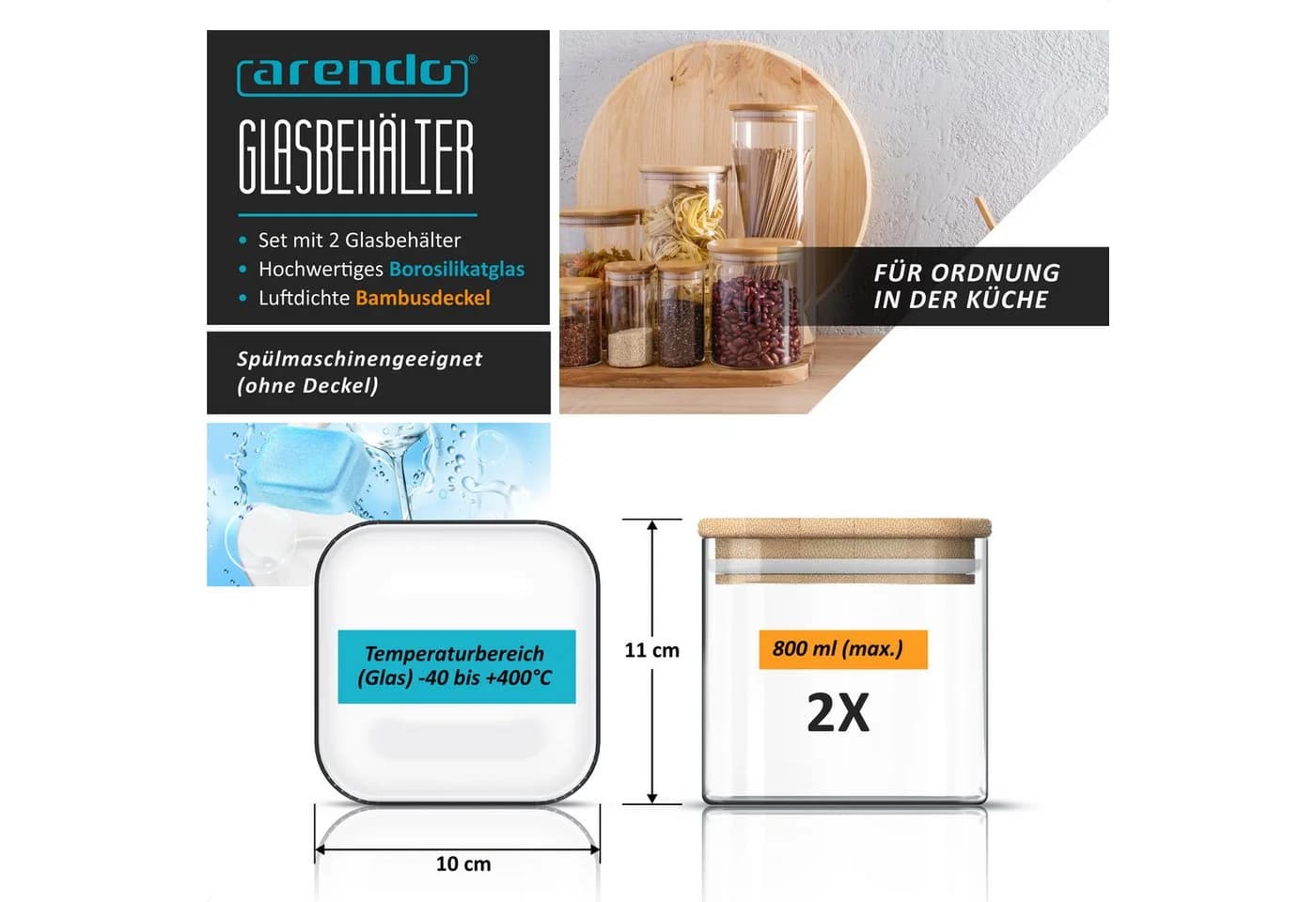 Arendo Glasbehälter-Set 2x 0,8 L mit Bambusdeckel