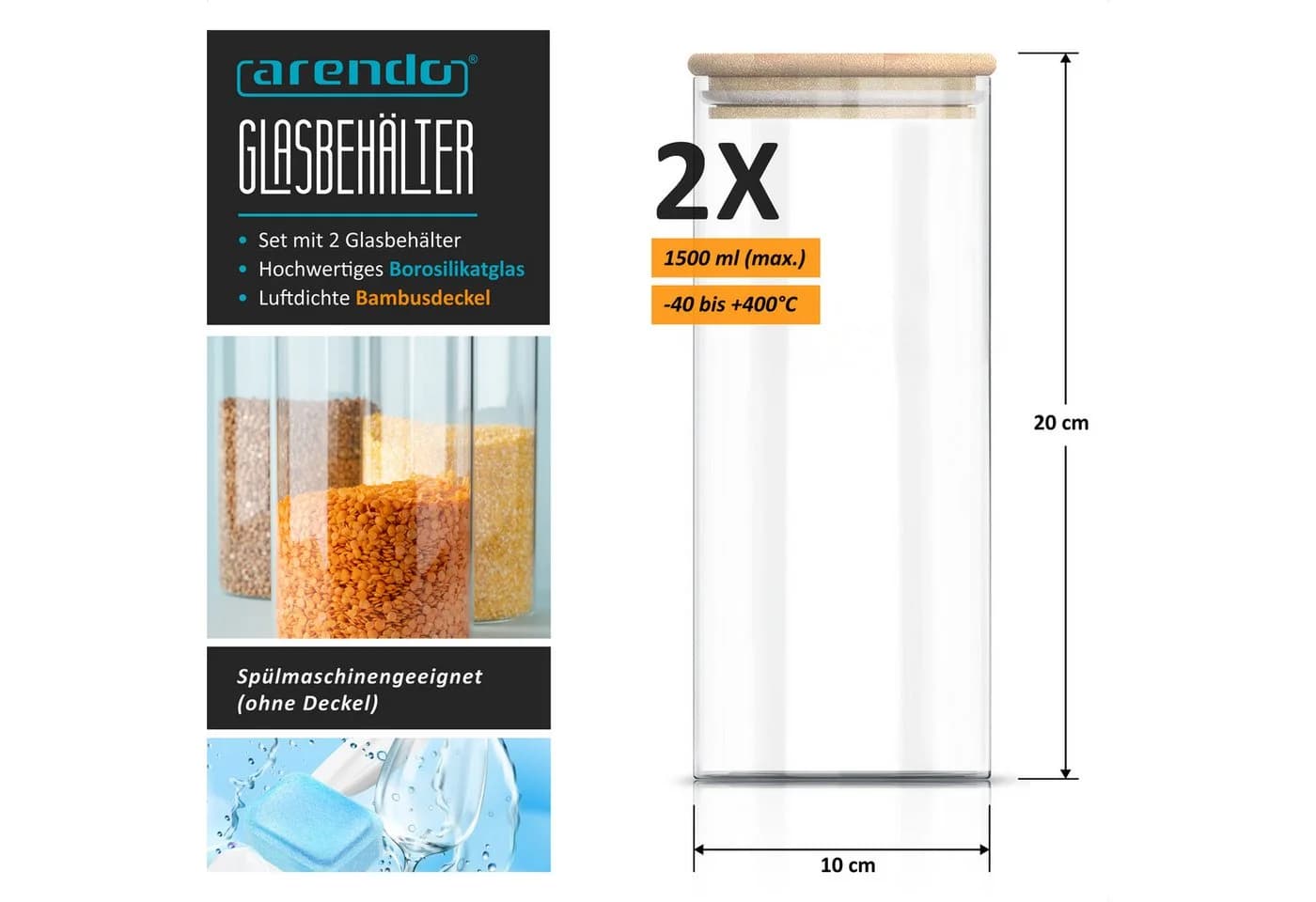 Arendo Aufbewahrungsbecher 2x 1,5L Borosilikatglas mit Bambusdeckel