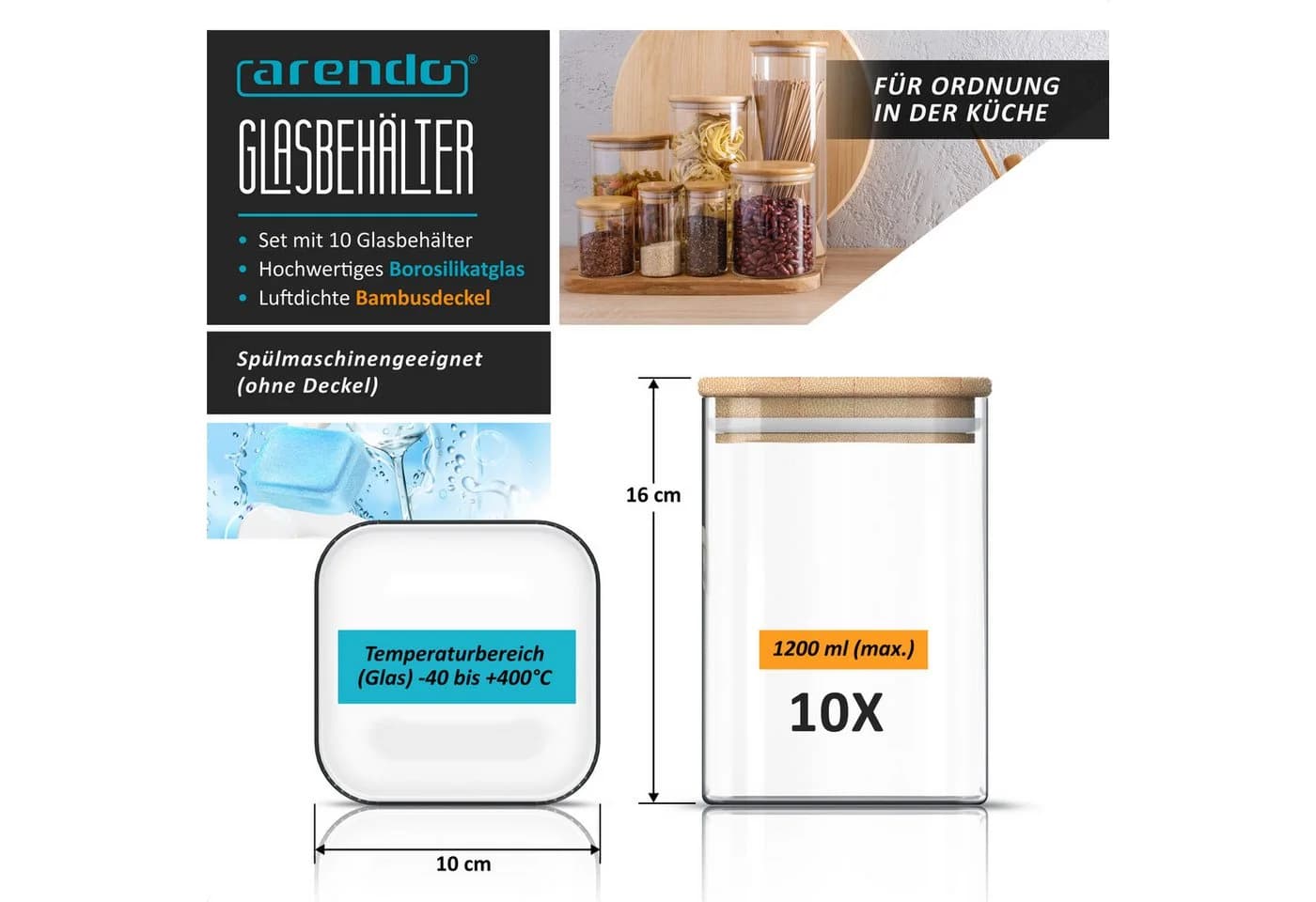 Arendo Glasbehälter-Set 10x 1,2L mit Bambusdeckel