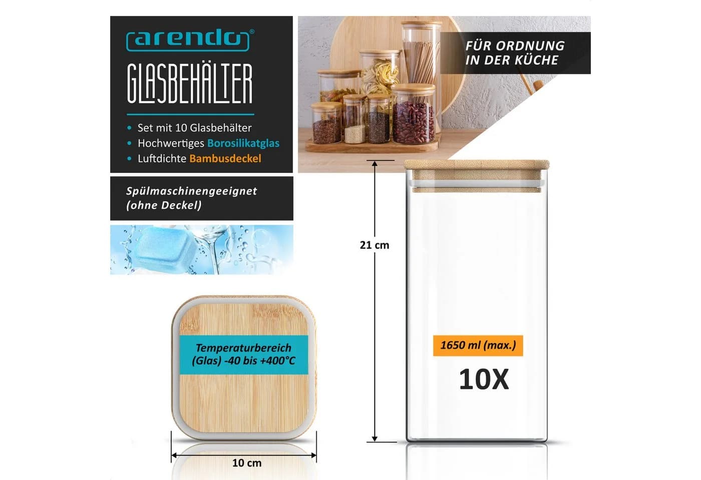 Arendo Glasbehälter-Set 10x 1,65L mit Bambusdeckel