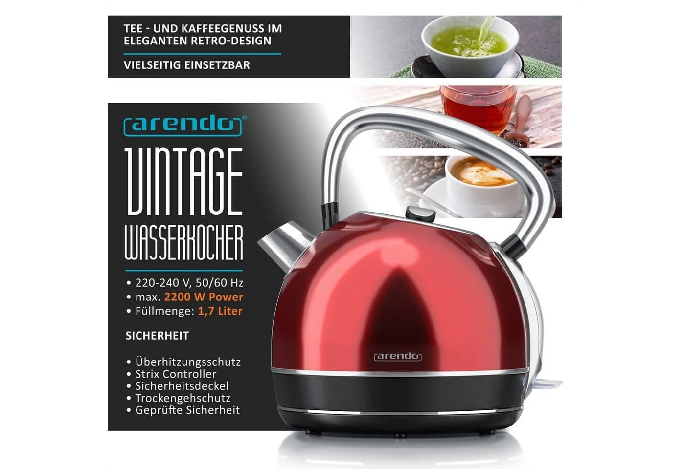 Arendo Frühstücks-Set Edelstahl Wasserkocher & 4-Scheiben Toaster Rot