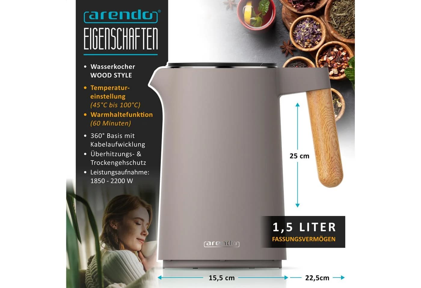 Arendo Frühstücks-Set Edelstahl Wasserkocher & 4-Scheiben Toaster Taupe