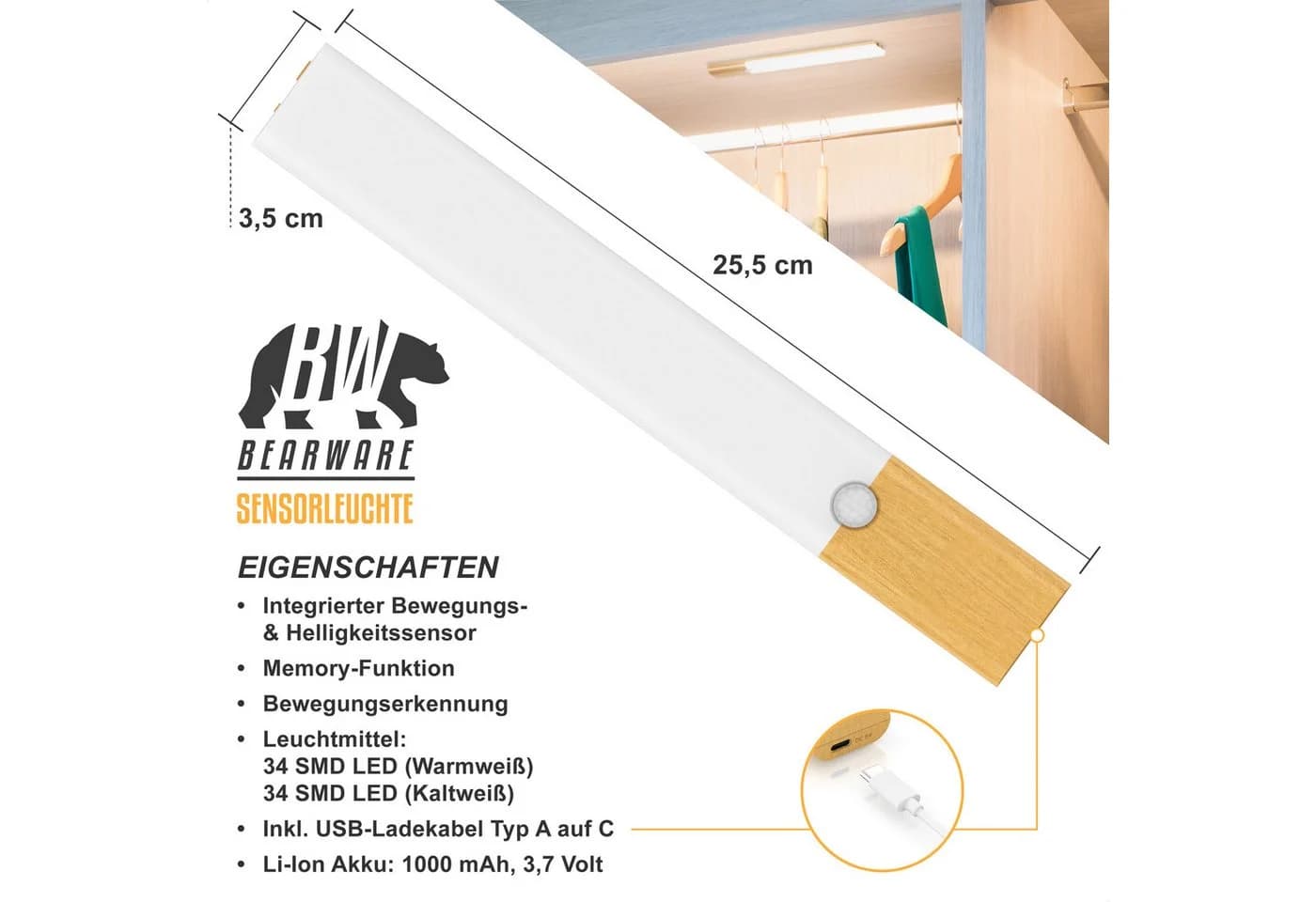BEARWARE Unterschrankleuchte mit Bewegungsmelder, Akku, 3 Farbtemperaturen, dimmbar, USB-C, Magnetbefestigung