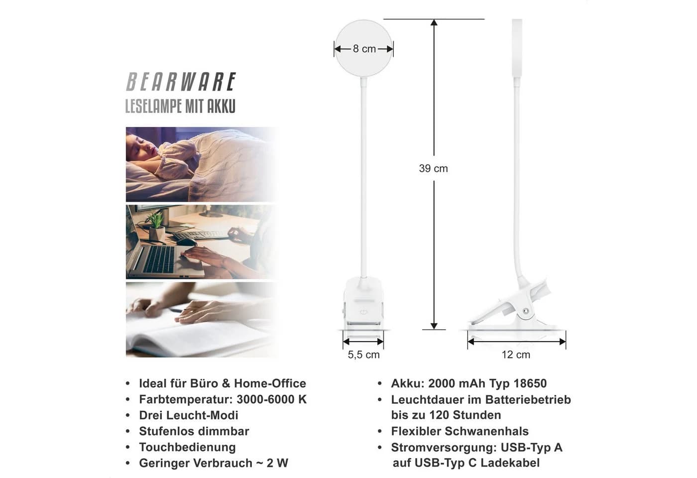 BEARWARE LED Tischleuchte, 3 Lichtfarben, Stufenlose Dimmung, USB-C, 2000 mAh