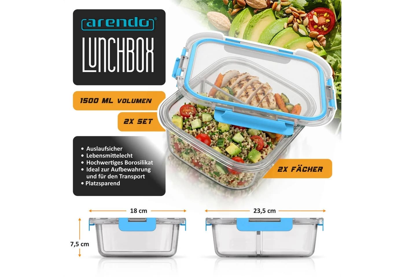 Arendo Frischhaltedose 2 Fächer 2er Set Glas transparent/weiß