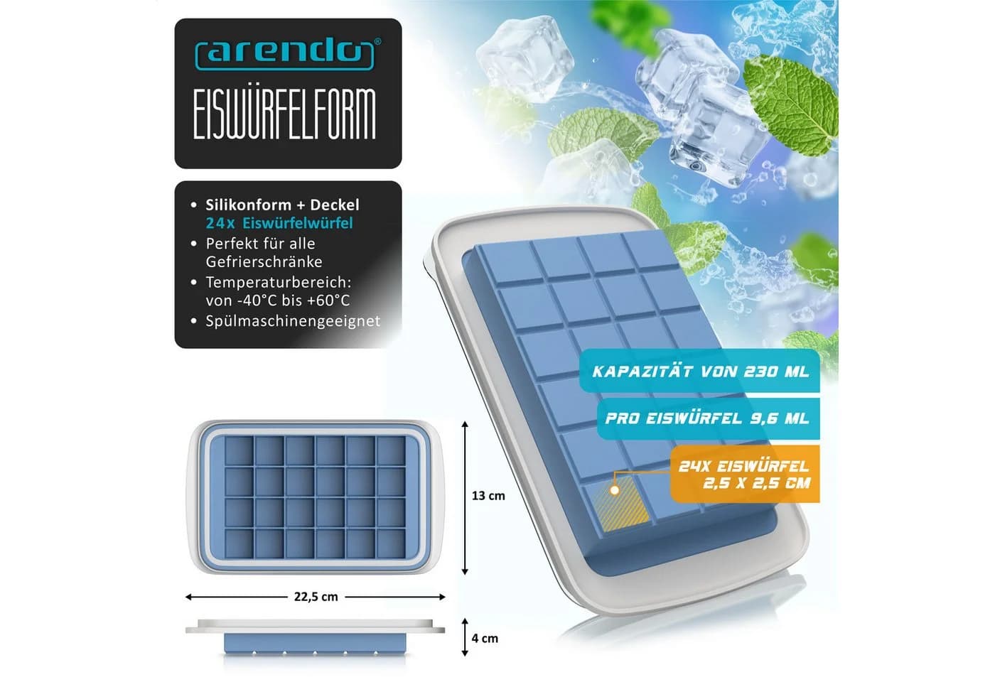 Arendo Eiswürfelform Silikon 24 Fächer mit Deckel