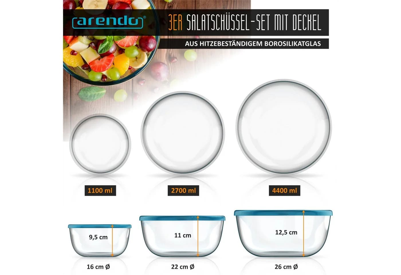 Arendo Glasschalen Set 3-tlg. mit Deckel, Borosilikatglas, transparent/weiß