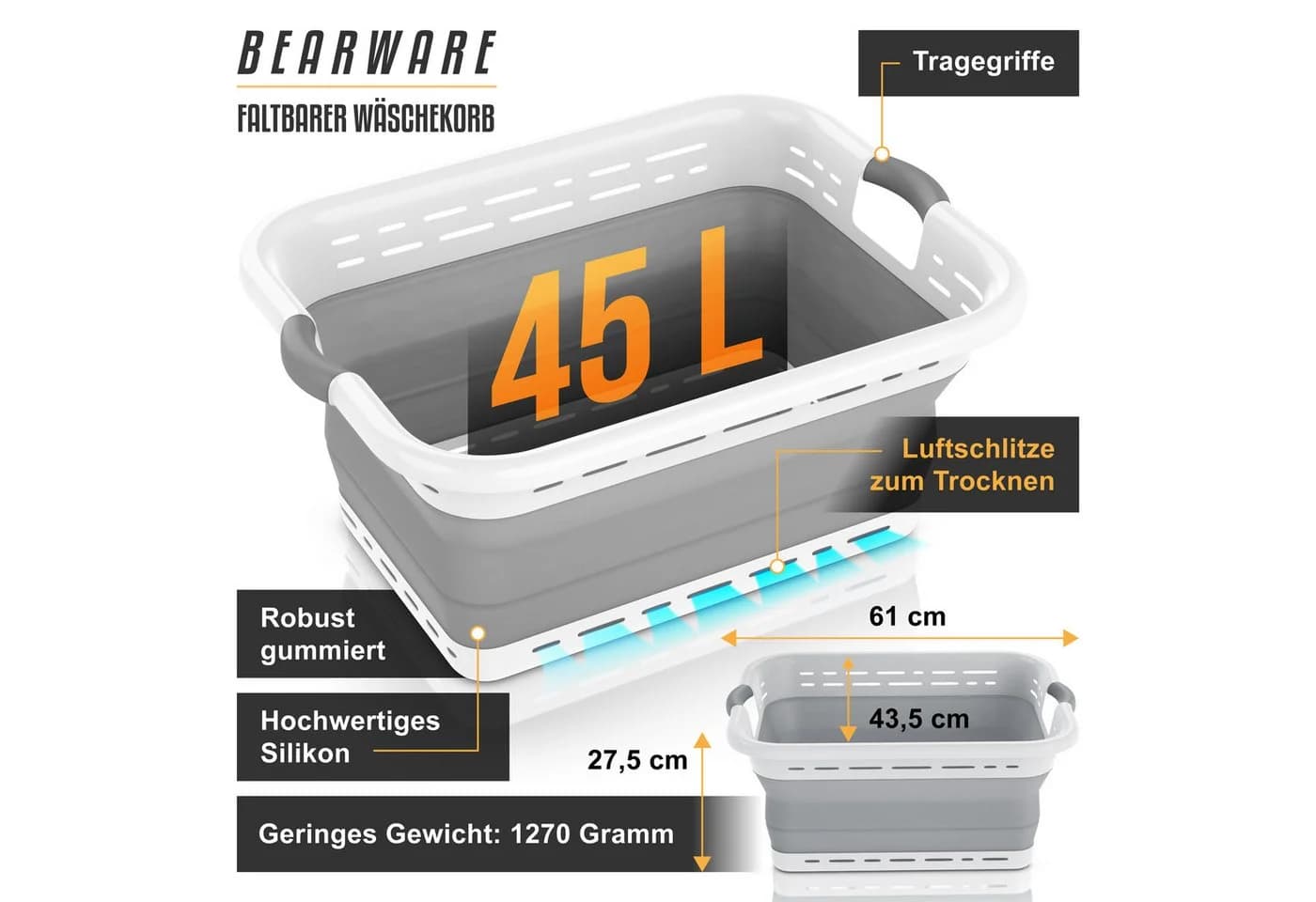 BEARWARE Faltbarer Wäschekorb 45 l Grau/Weiß mit Belüftungsschlitzen
