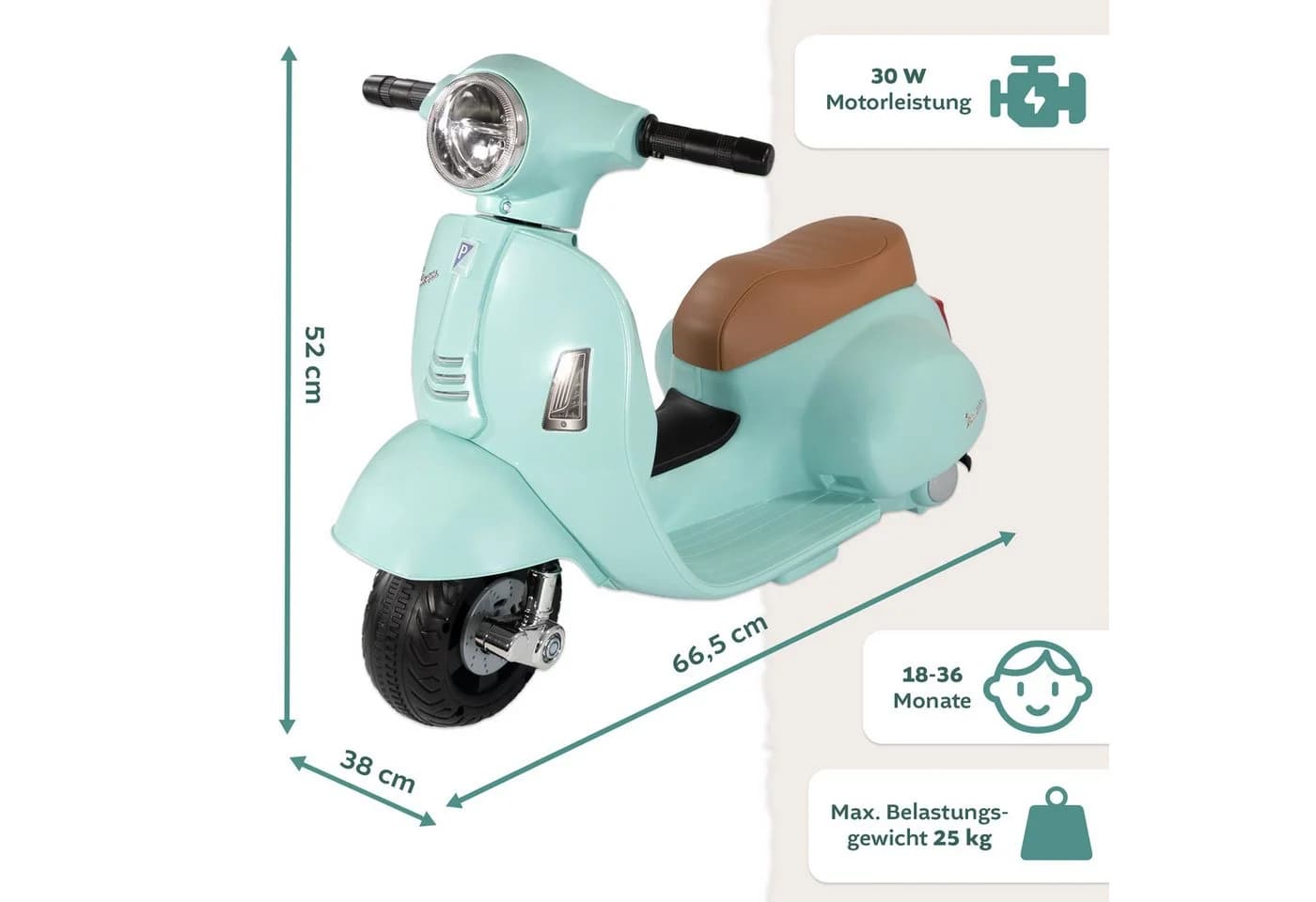 Lemodo Elektro-Kinderroller VESPA mit Stützrädern - Grün/Rot/Weiß