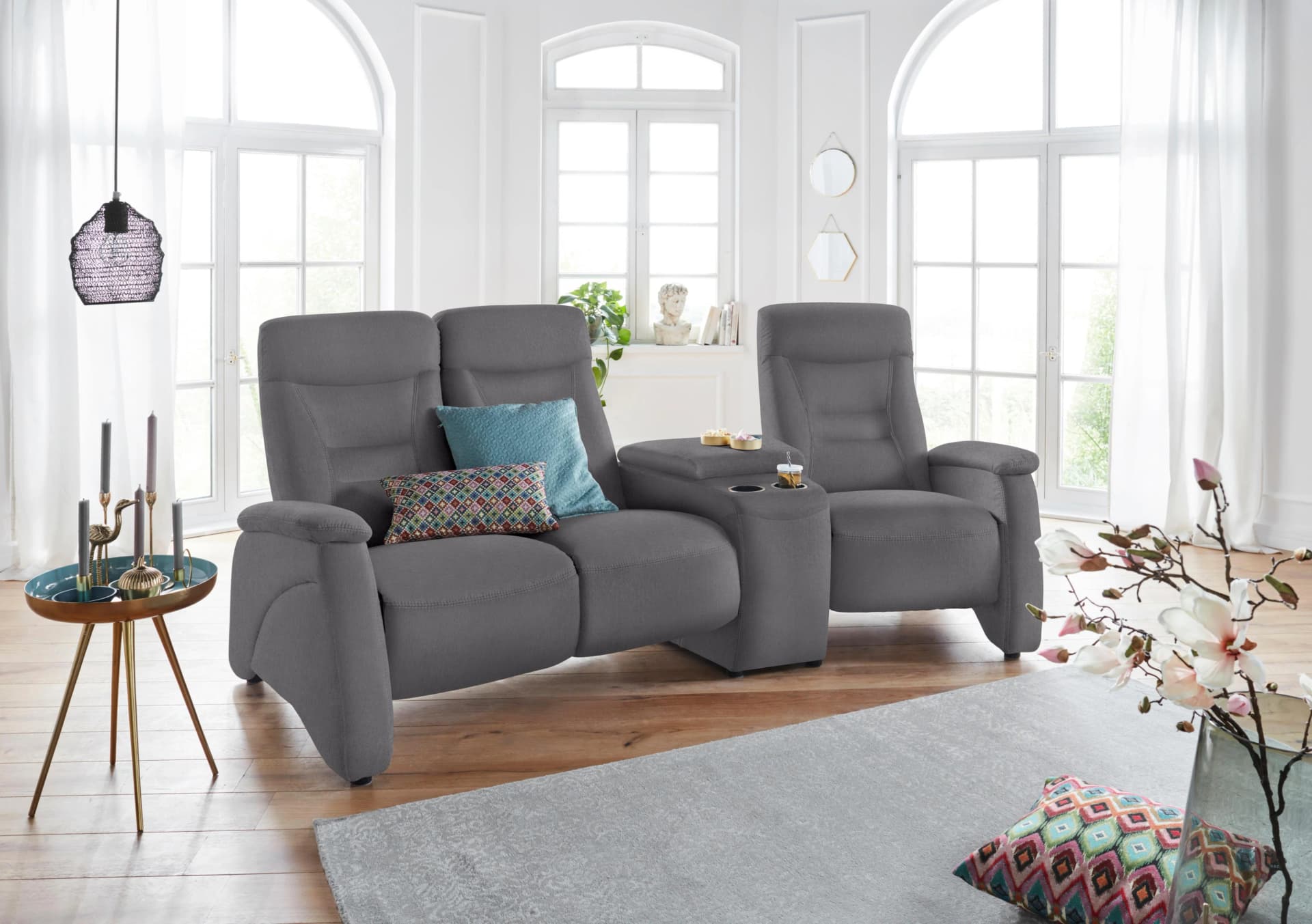 exxpo 3-Sitzer Sofa Ascoli Grau mit Relaxfunktion und Lederbezug