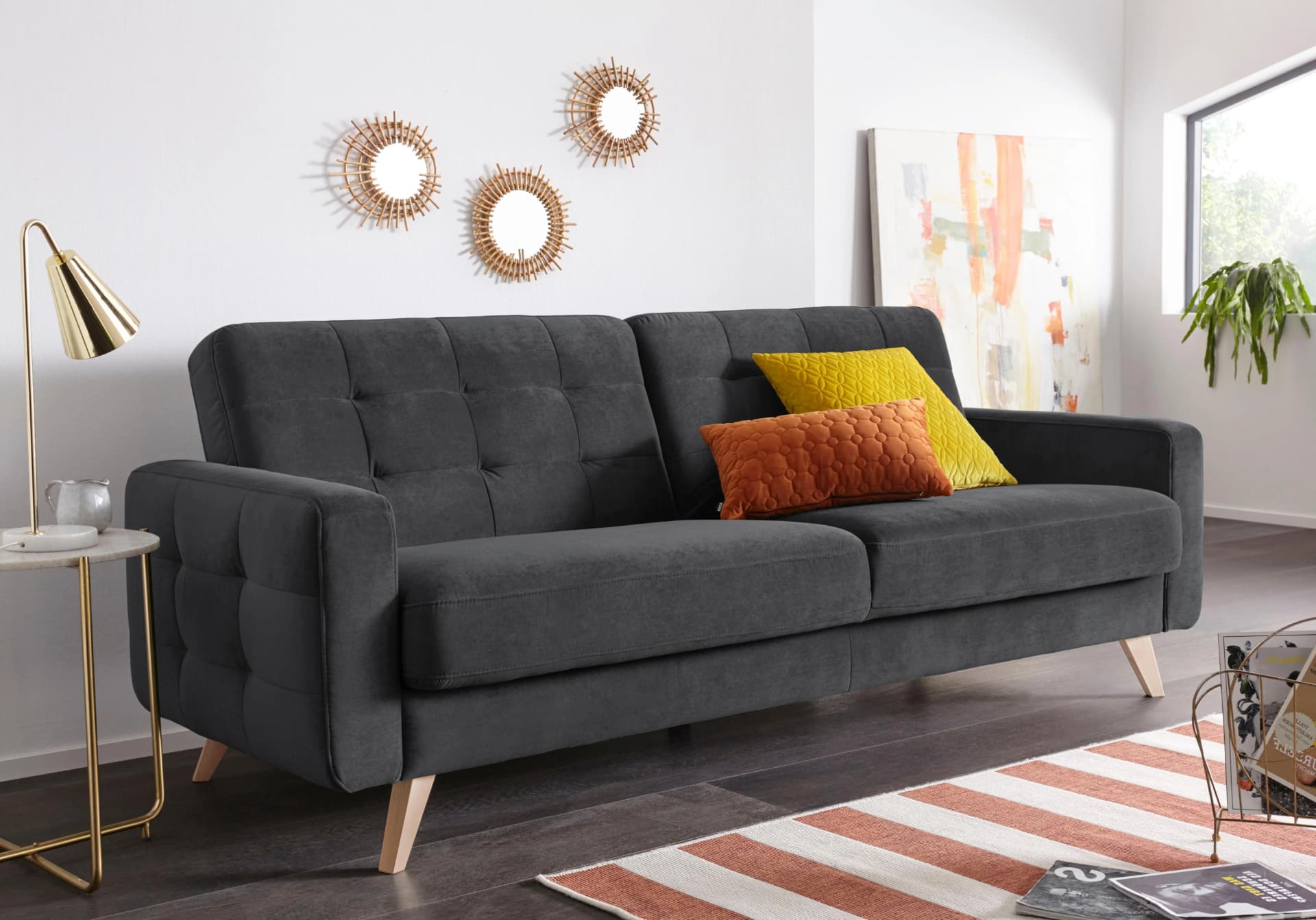 EXXPO 3-Sitzer Sofa FASHION Grau Samtvelours mit Bettfunktion