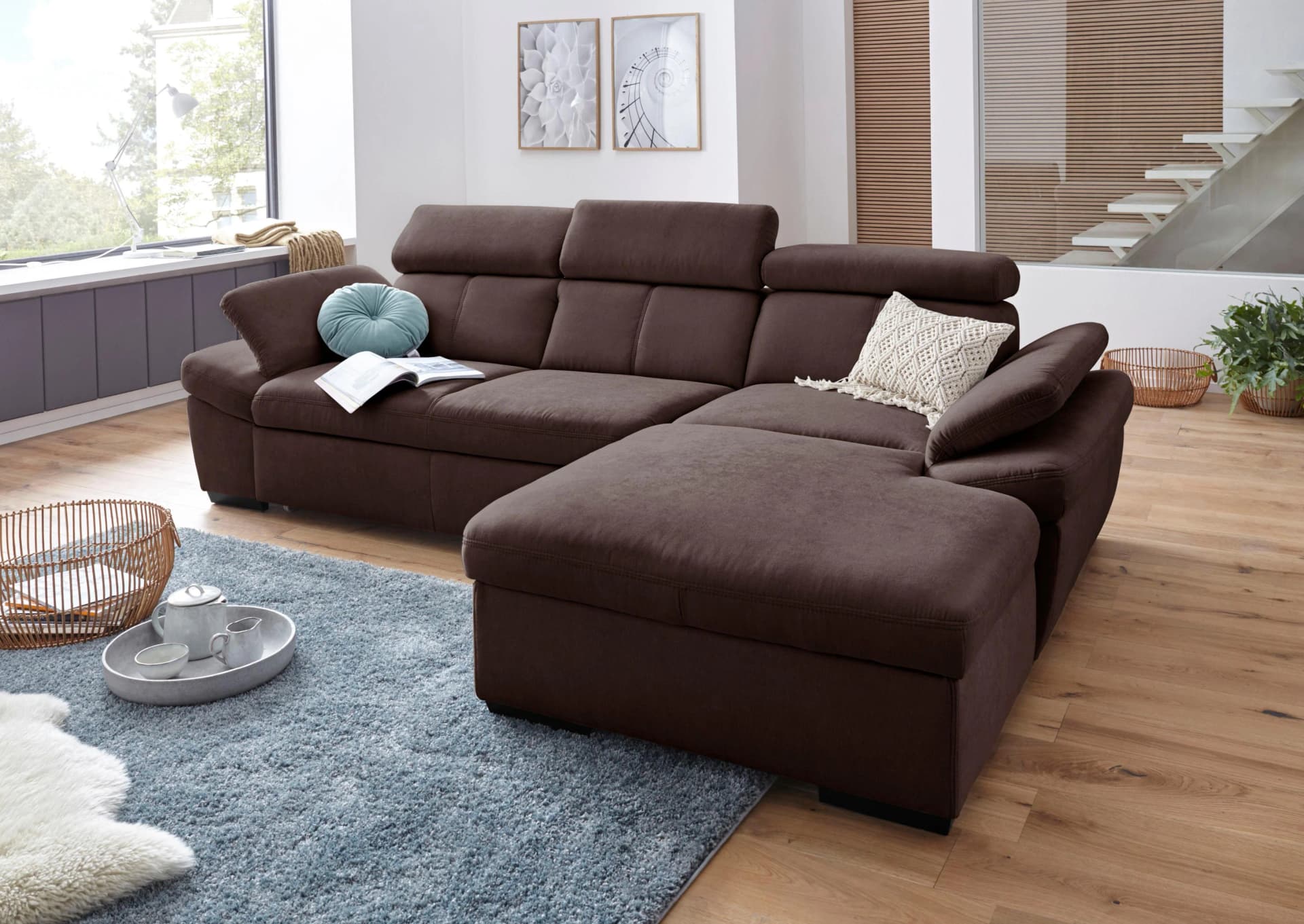 EXXPO Ecksofa Salerno L-Form Braun Microfaser mit Armverstellung