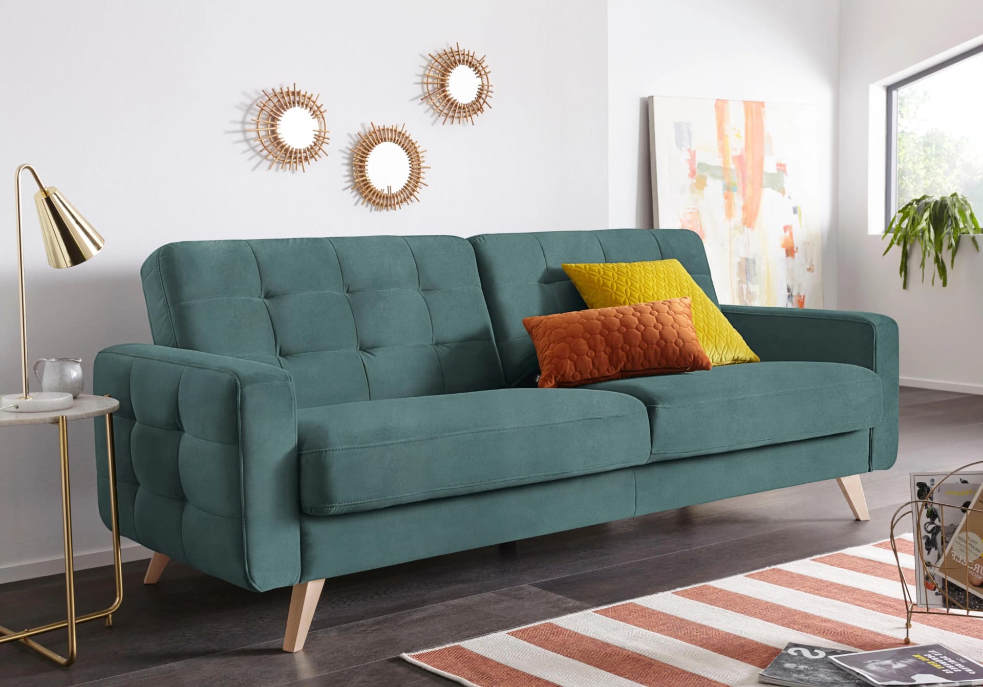EXXPO 3-Sitzer Sofa L-Form Aqua Samtvelours mit Bettfunktion