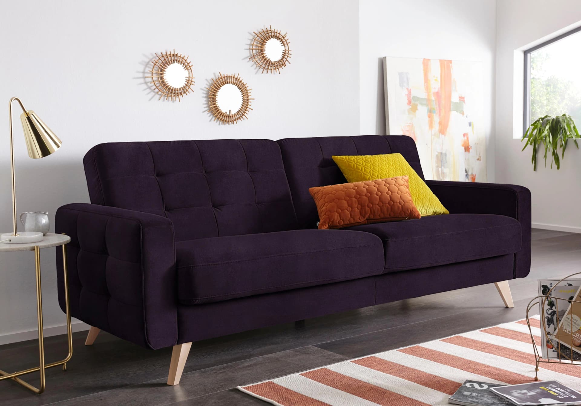 EXXPO 3-Sitzer Sofa L-Form Lila Samtvelours mit Bettfunktion