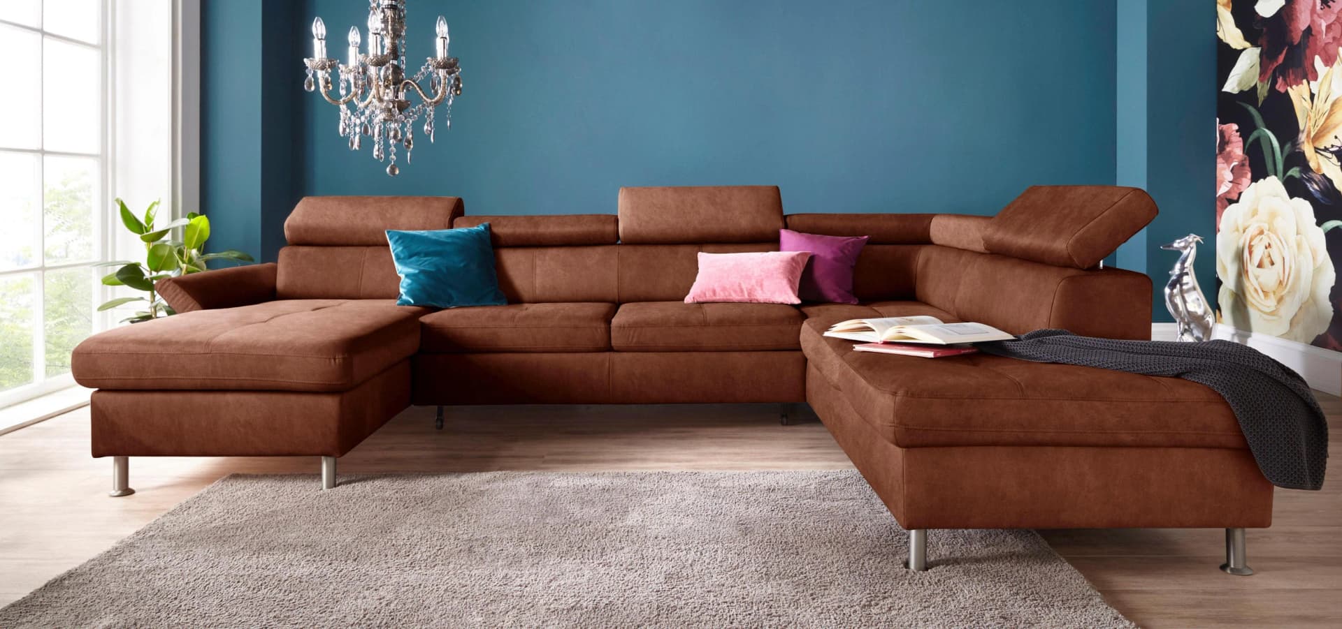 exxpo Wohnlandschaft Maretto U-Form Cognac mit Bettfunktion