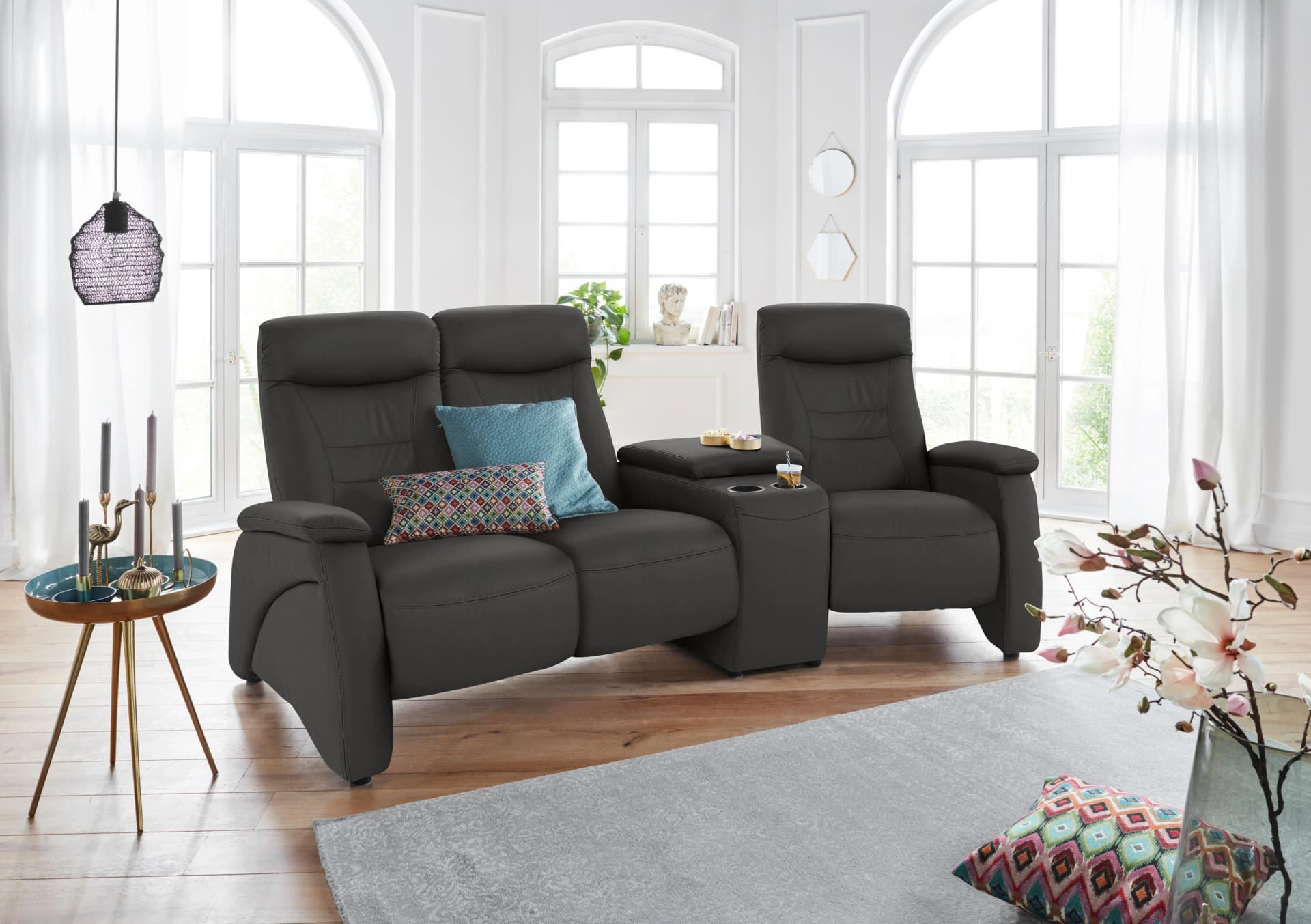 EXXPO 3-Sitzer Sofa Ascoli Schwarz mit Relaxfunktion und Naturleder