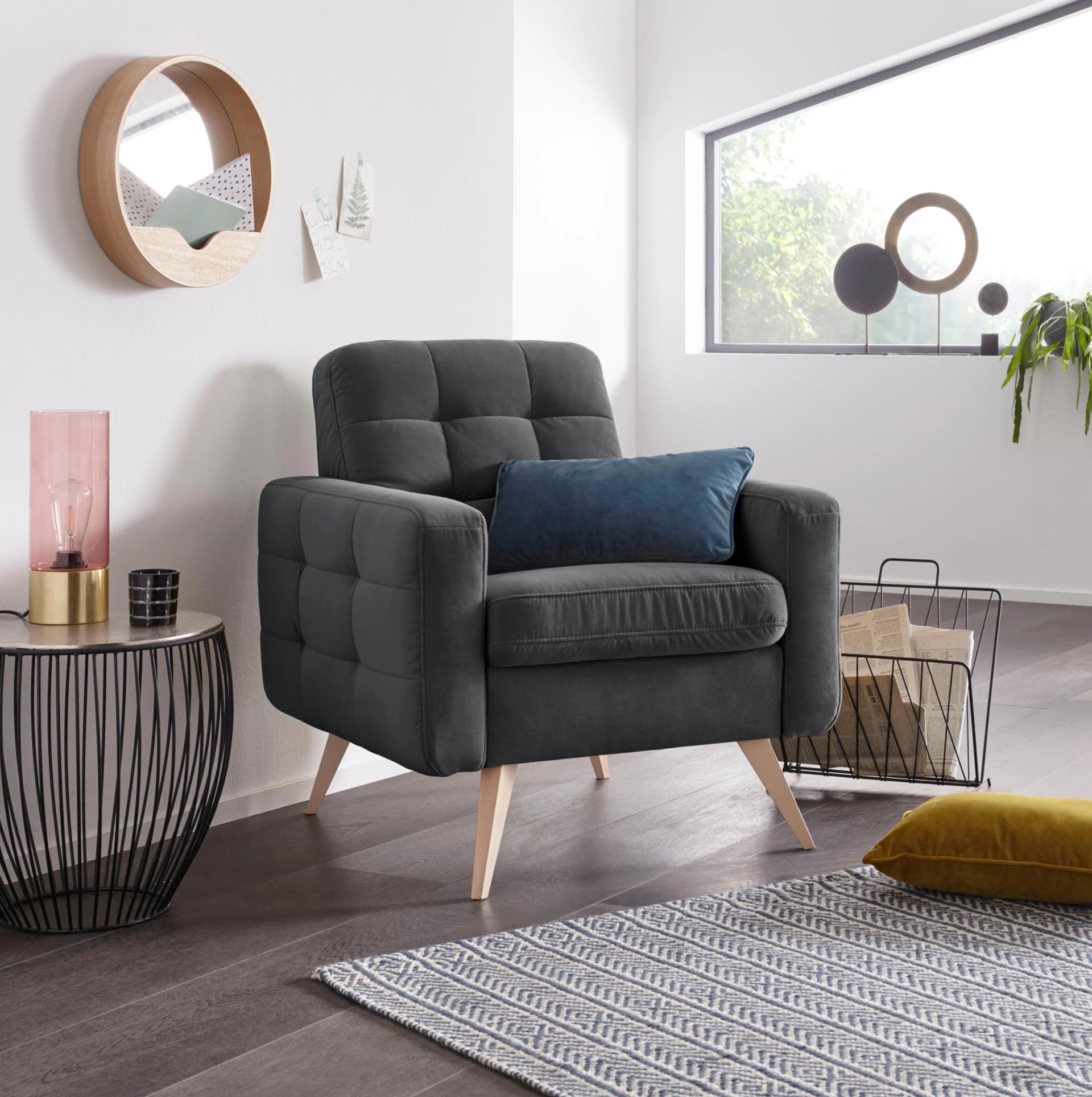 EXXPO Loungesessel Nappa Grau Samtvelours Modern