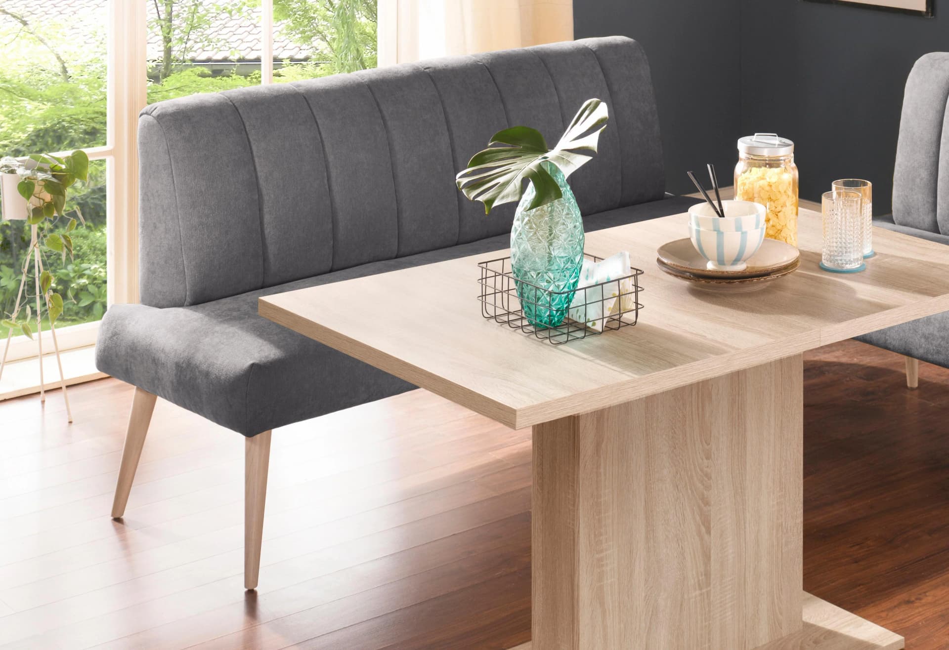 EXXPO Costa Sitzbank Anthrazit Webvelour mit Holzfuß