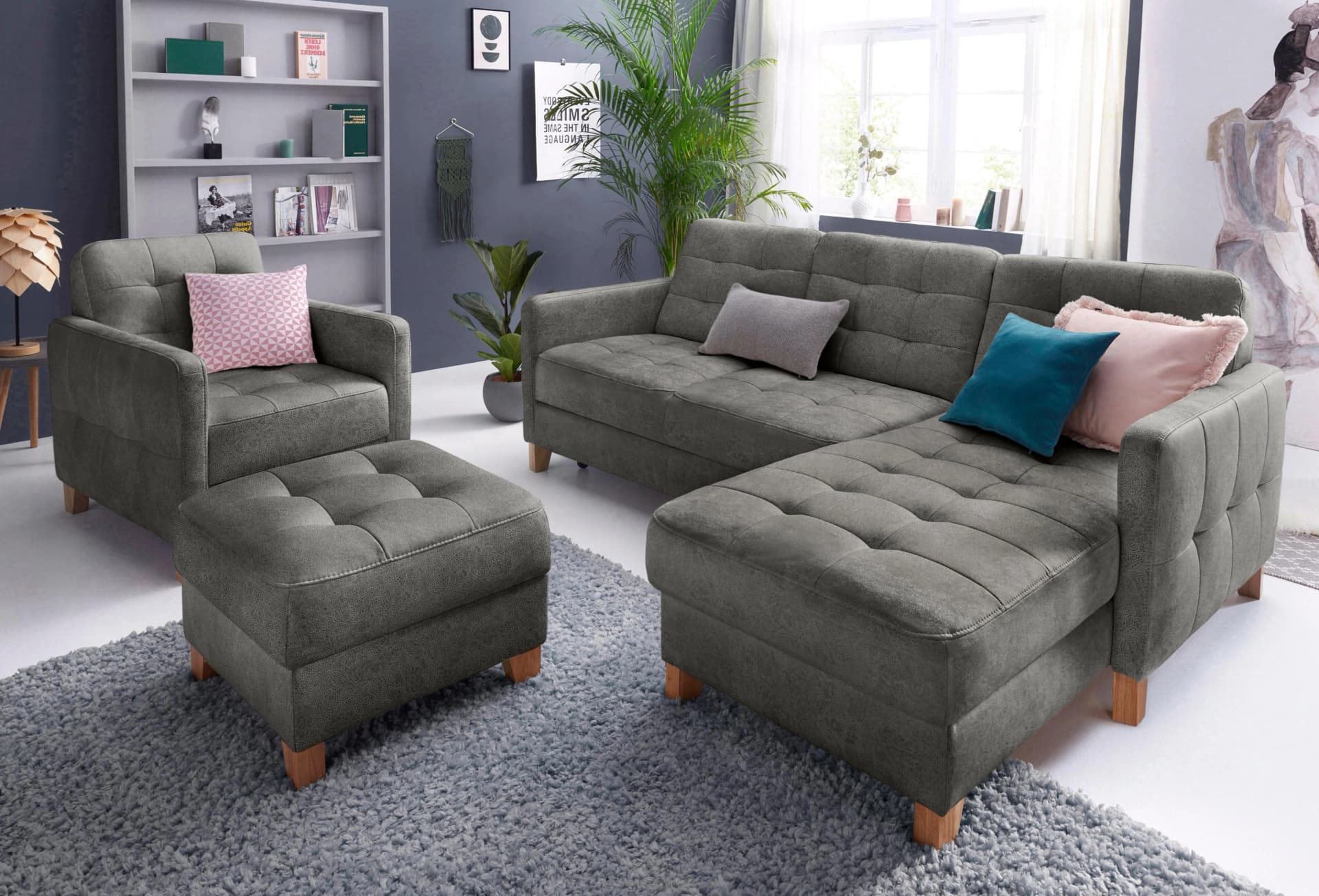 Ecksofa EXXPO Elio Anthrazit L-Form mit Knopfheftung