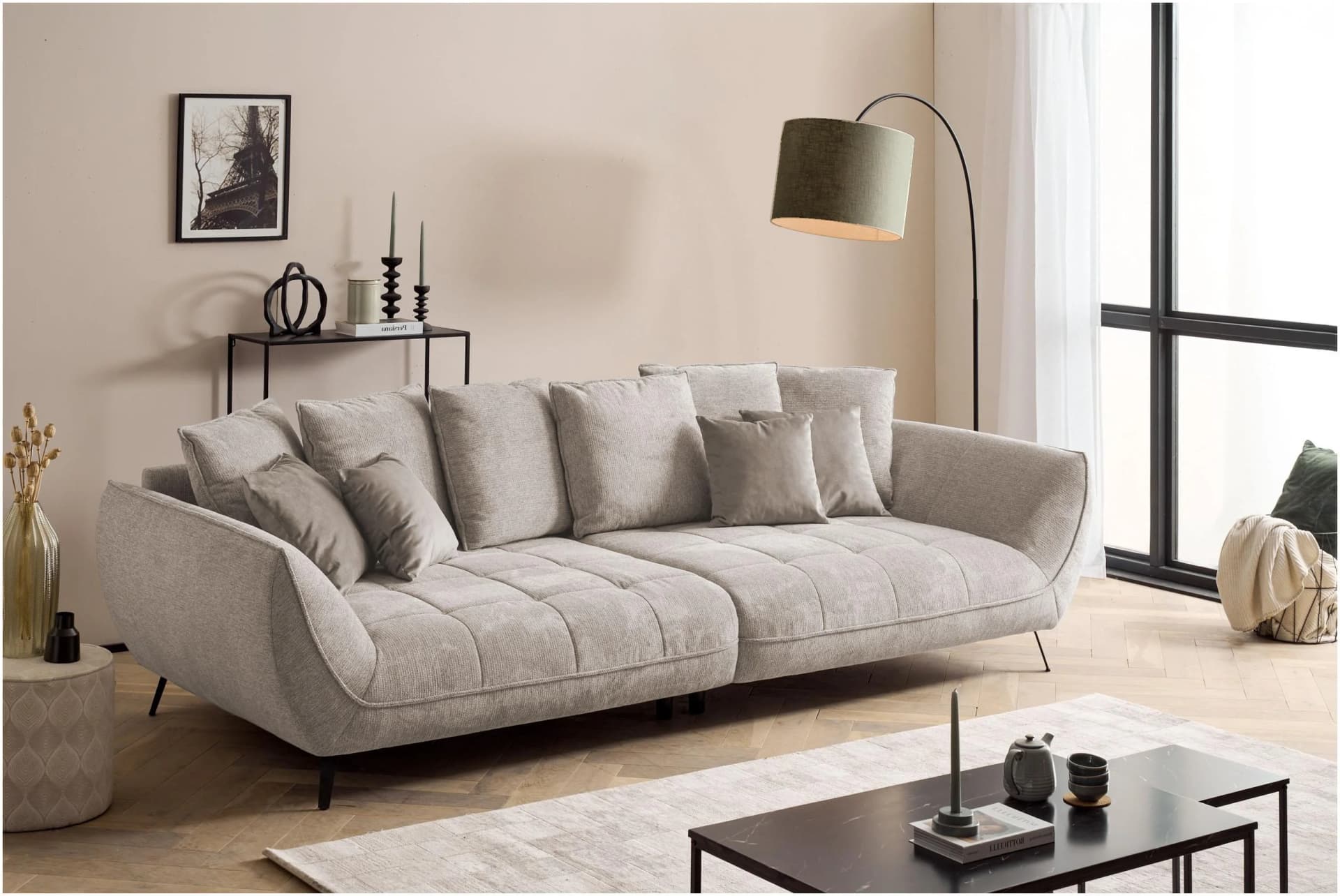 exxpo Triton Mega Sofa Beige 311cm mit 10-teiligem Kissenset