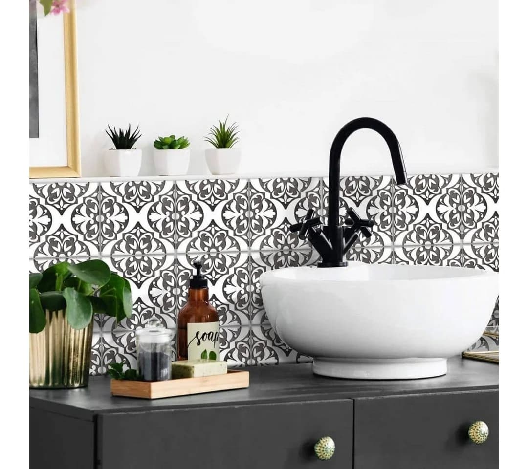 K&L Wall Art Fliesenaufkleber Marokkanische Ornamente Schwarz/Weiß 12er Set