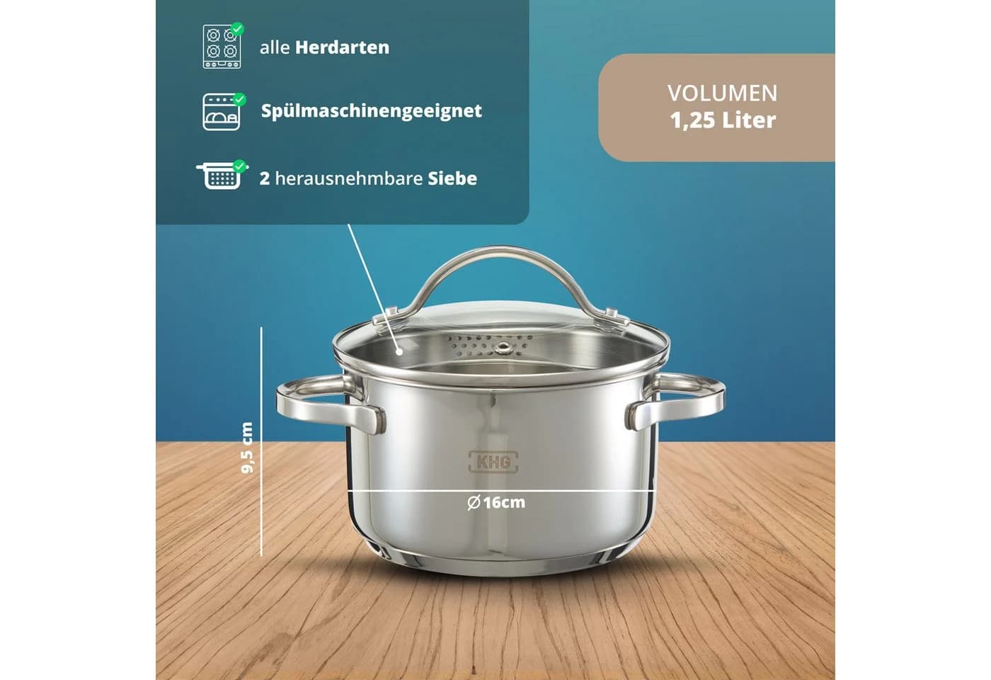 KHG Kochtopf Edelstahl 1,25L mit Sieb, Ausguss & Glasdeckel