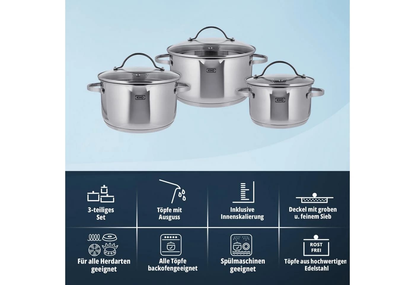 KHG Topf-Set 6-tlg. Edelstahl mit Glasdeckeln Induktion