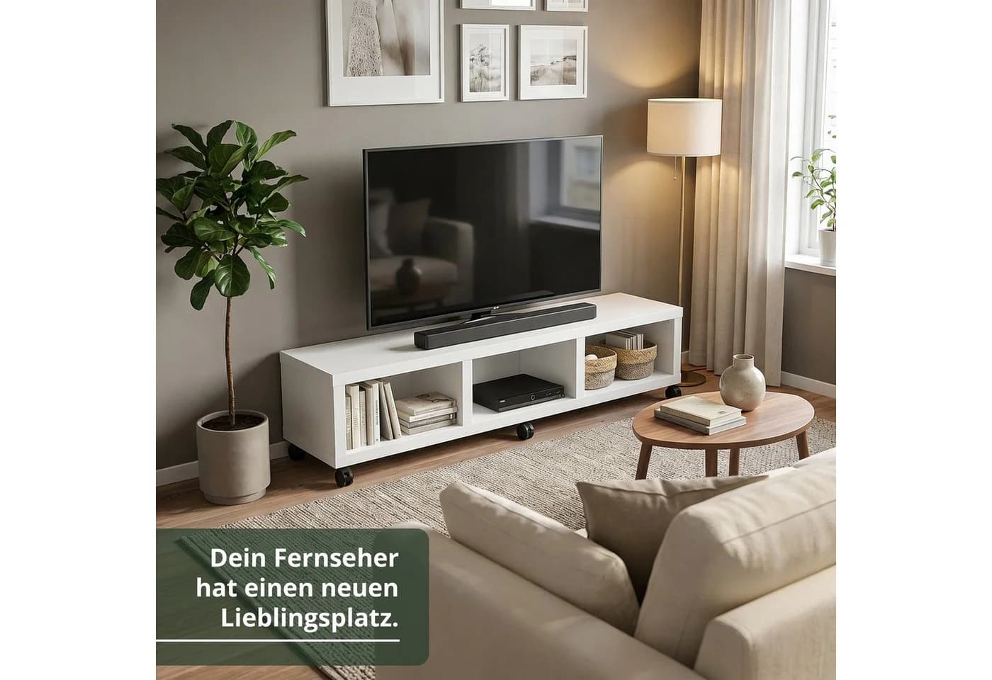 KHG TV-Board Weiß auf Rollen mit 3 offenen Fächern