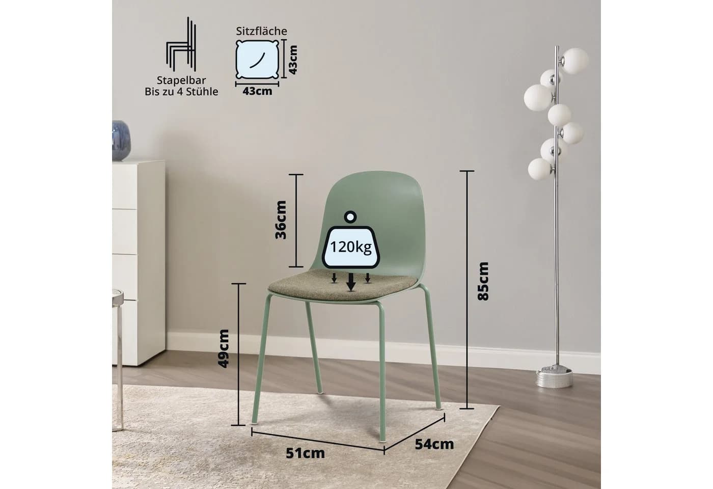 KHG Stapelstuhl Küchenstuhl Grün Minimalistisch Stapelbar