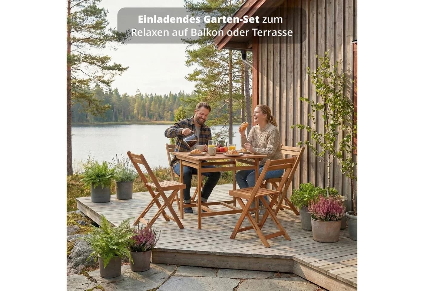 KHG Balkonset 5-teilig Akazien-Massivholz braun klappbar mit Rollen