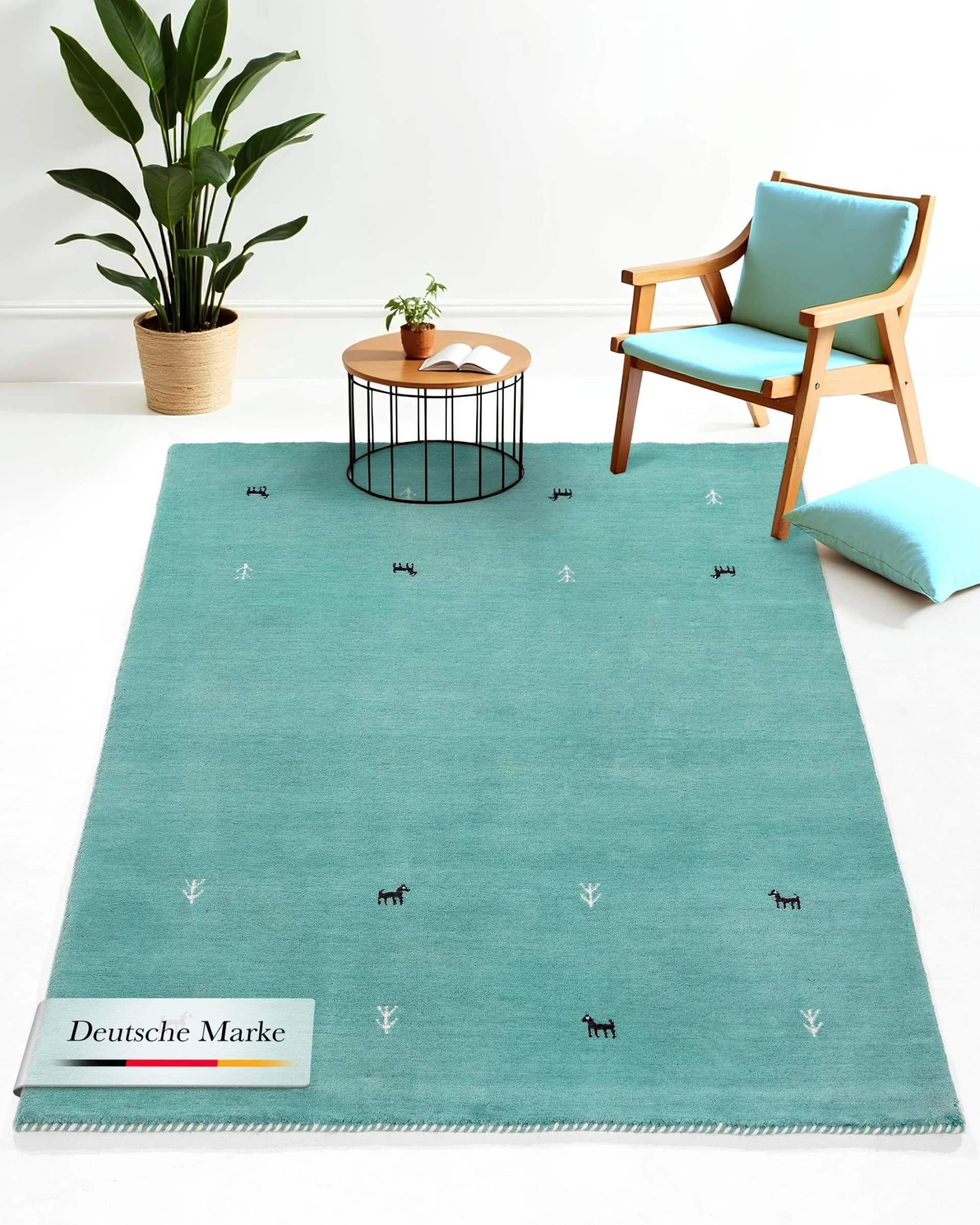CARPETFINE Wollteppich Gabbeh Uni Türkis Handgewebt Orientalisch