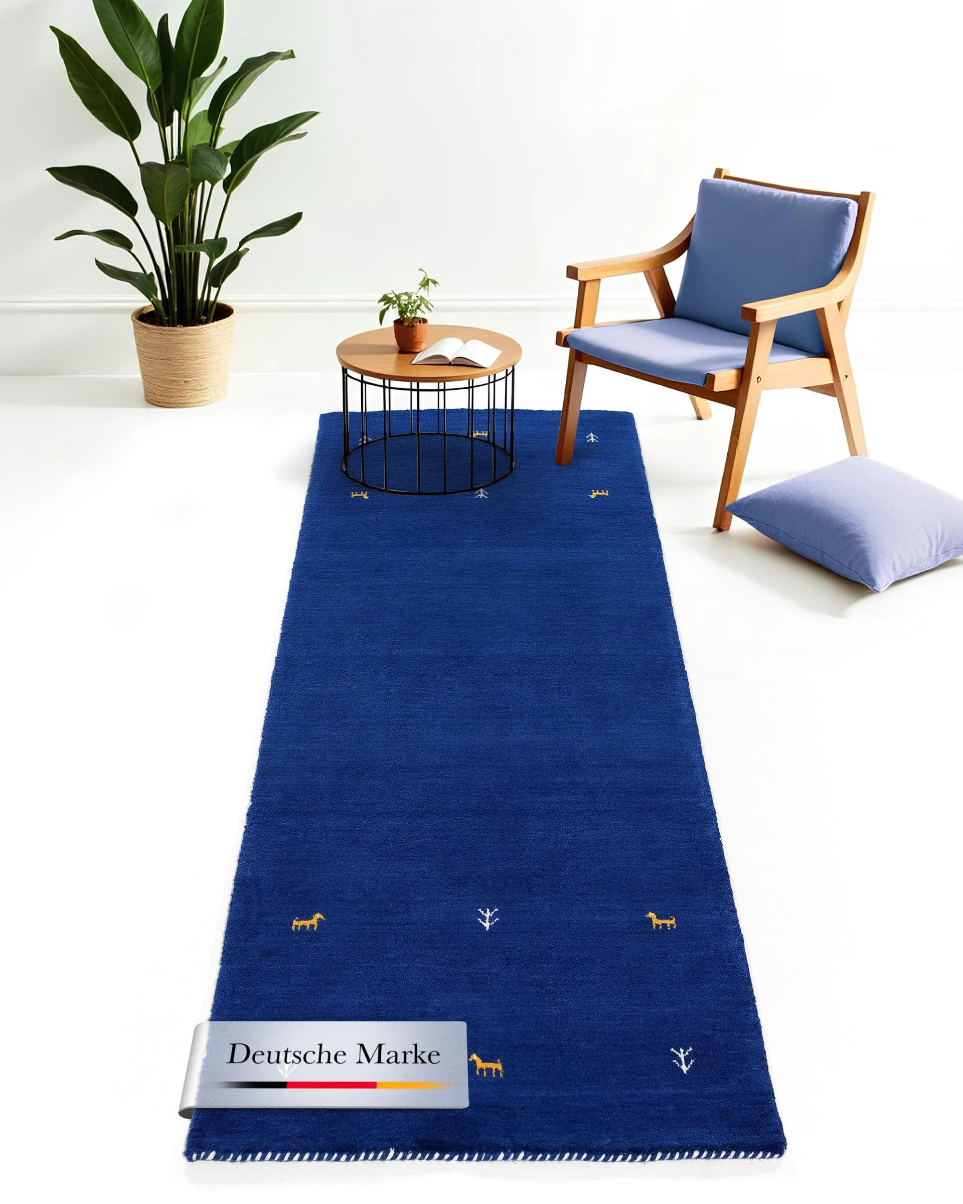 CARPETFINE Wollteppich Gabbeh Uni Blau Handgewebt Orientalisch