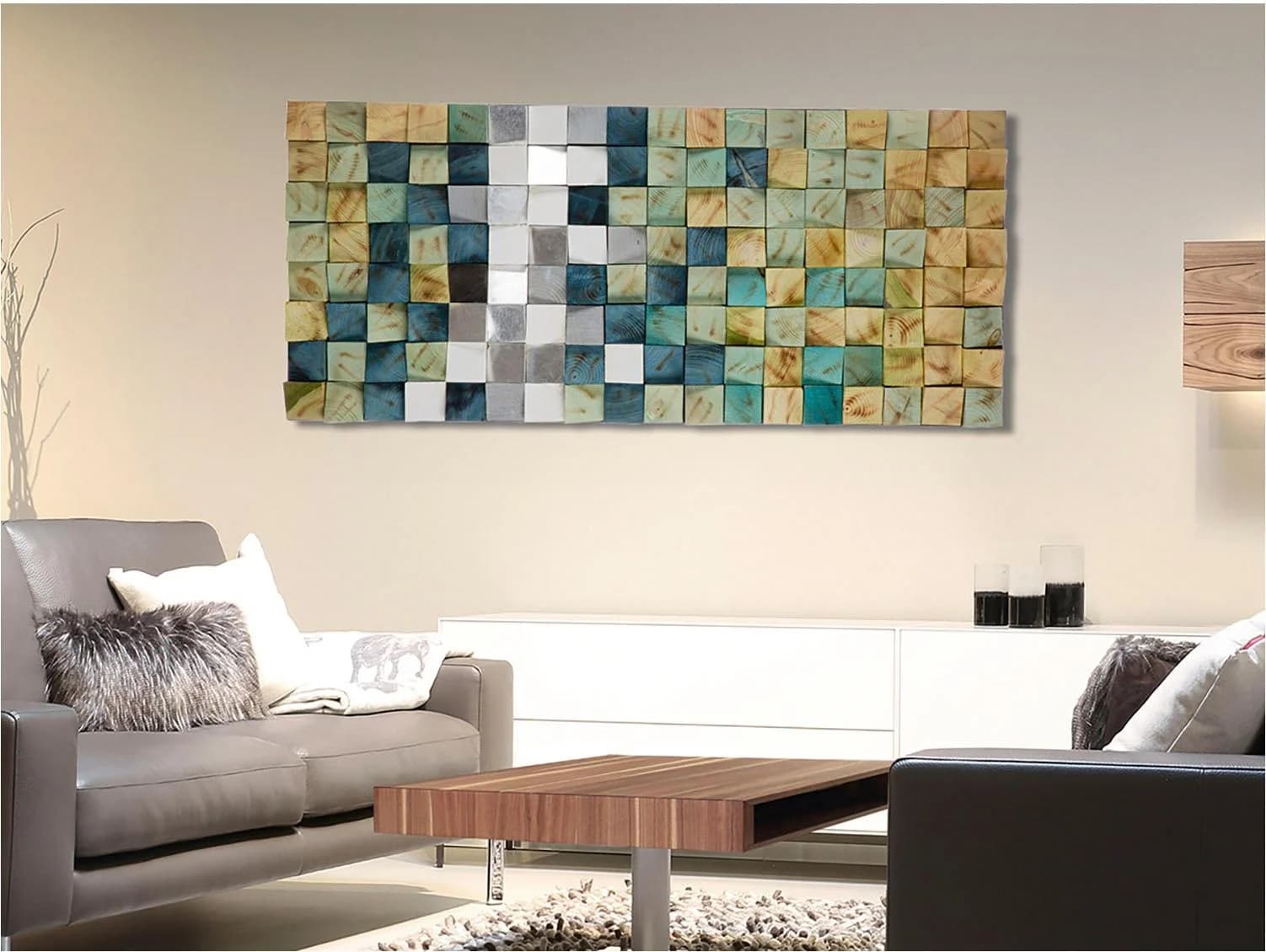 Modernes 3D-Holzbild in Grün, Silber und Weiß