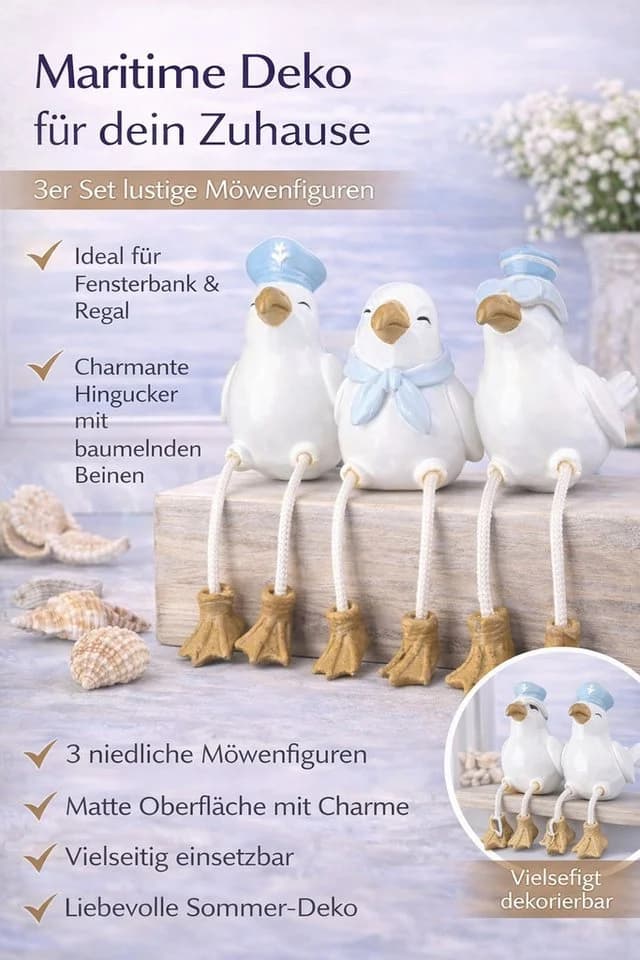 Gilde Dekofigur Kantensitzer Möwen Sigurd 3er Set Weiß Blau