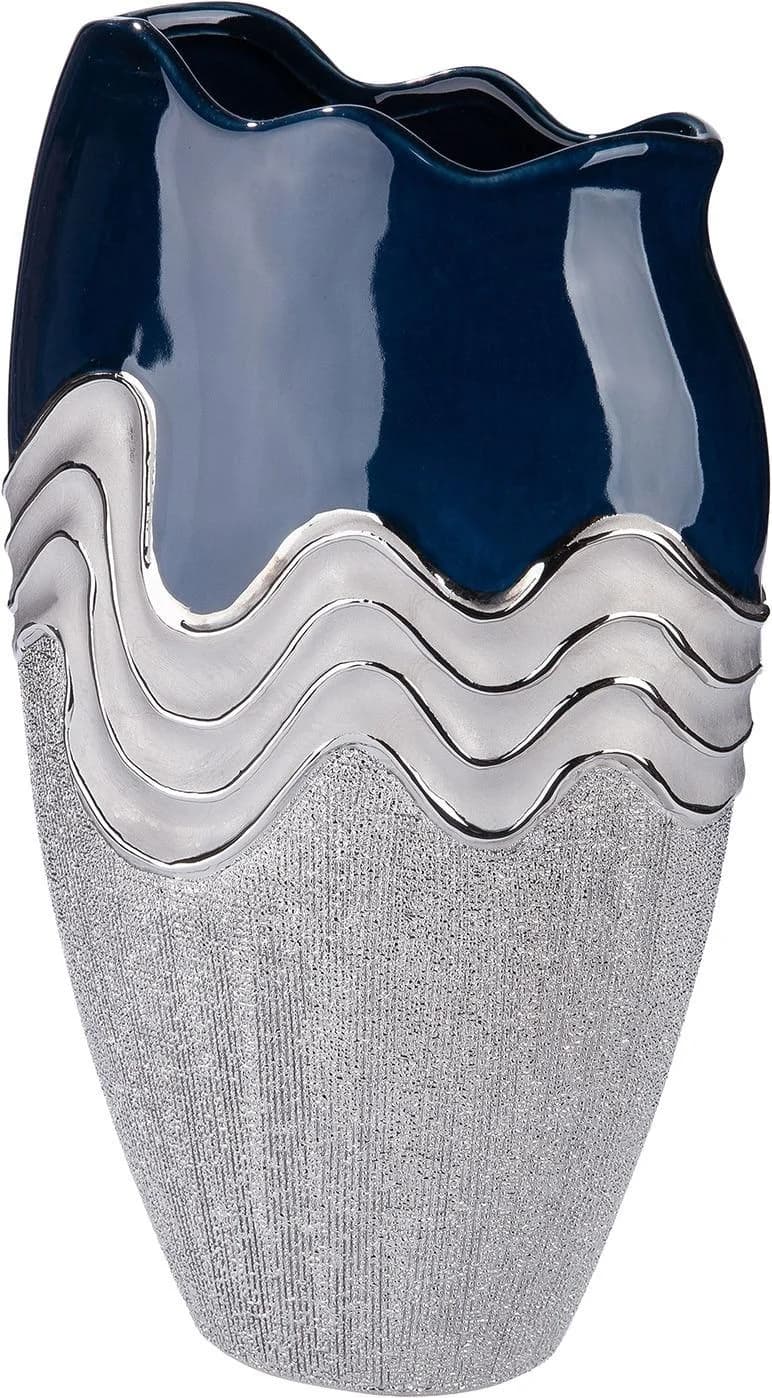 GILDE Tischvase Wavy Keramik Dunkelblau Silber