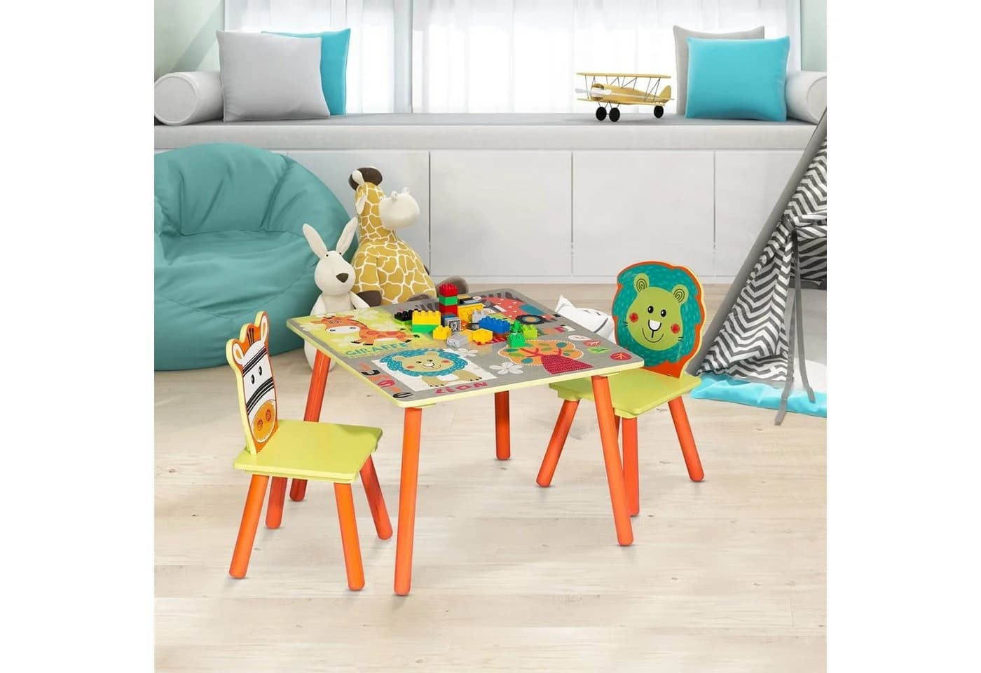 Woltu Kindersitzgruppe 3-tlg. Waldtiere Tisch mit 2 Stühlen