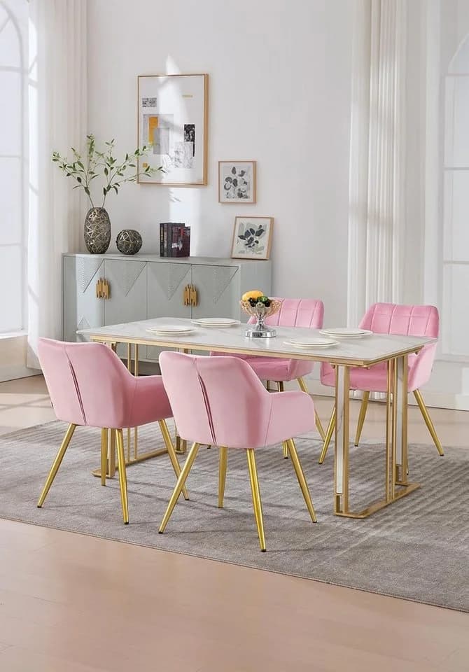 Woltu Esszimmerstuhl mit Armlehne Rosa Samt Gold Metall