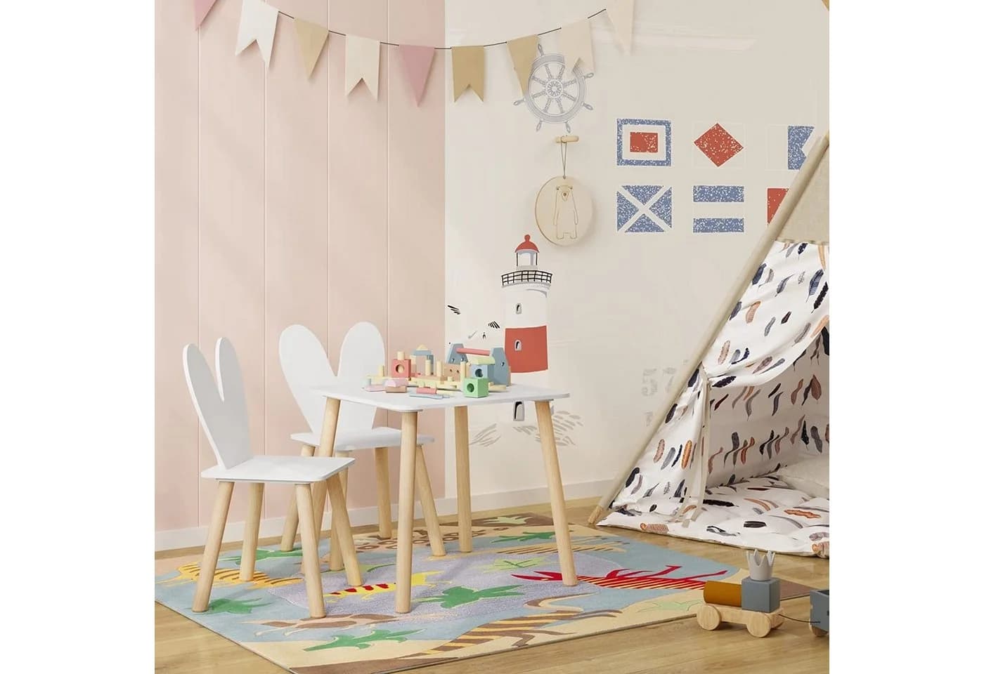 Woltu Kindersitzgruppe Weiß mit 2 Stühlen Massivholzbeine