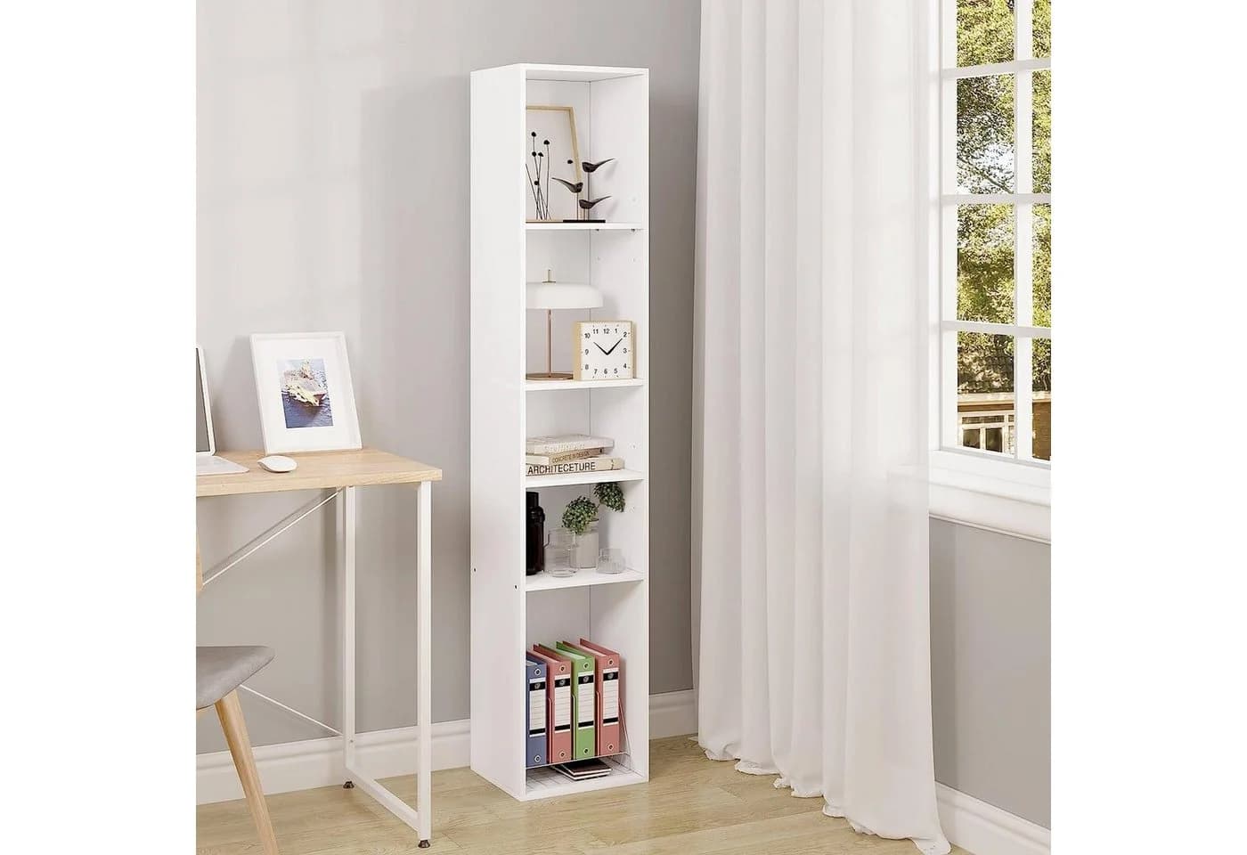 Woltu Bücherregal Weiß 5 Ablagefächer Holzwerkstoff