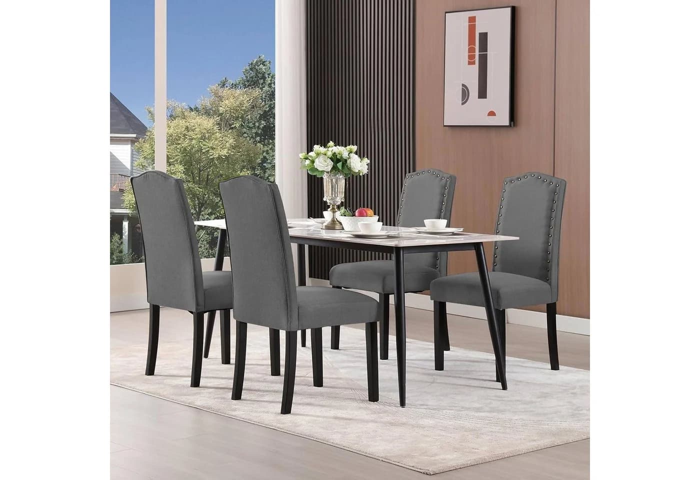 Woltu 4-Fußstuhl Set 4 St Esszimmerstühle mit Rückenlehne Leinenbezug Grau