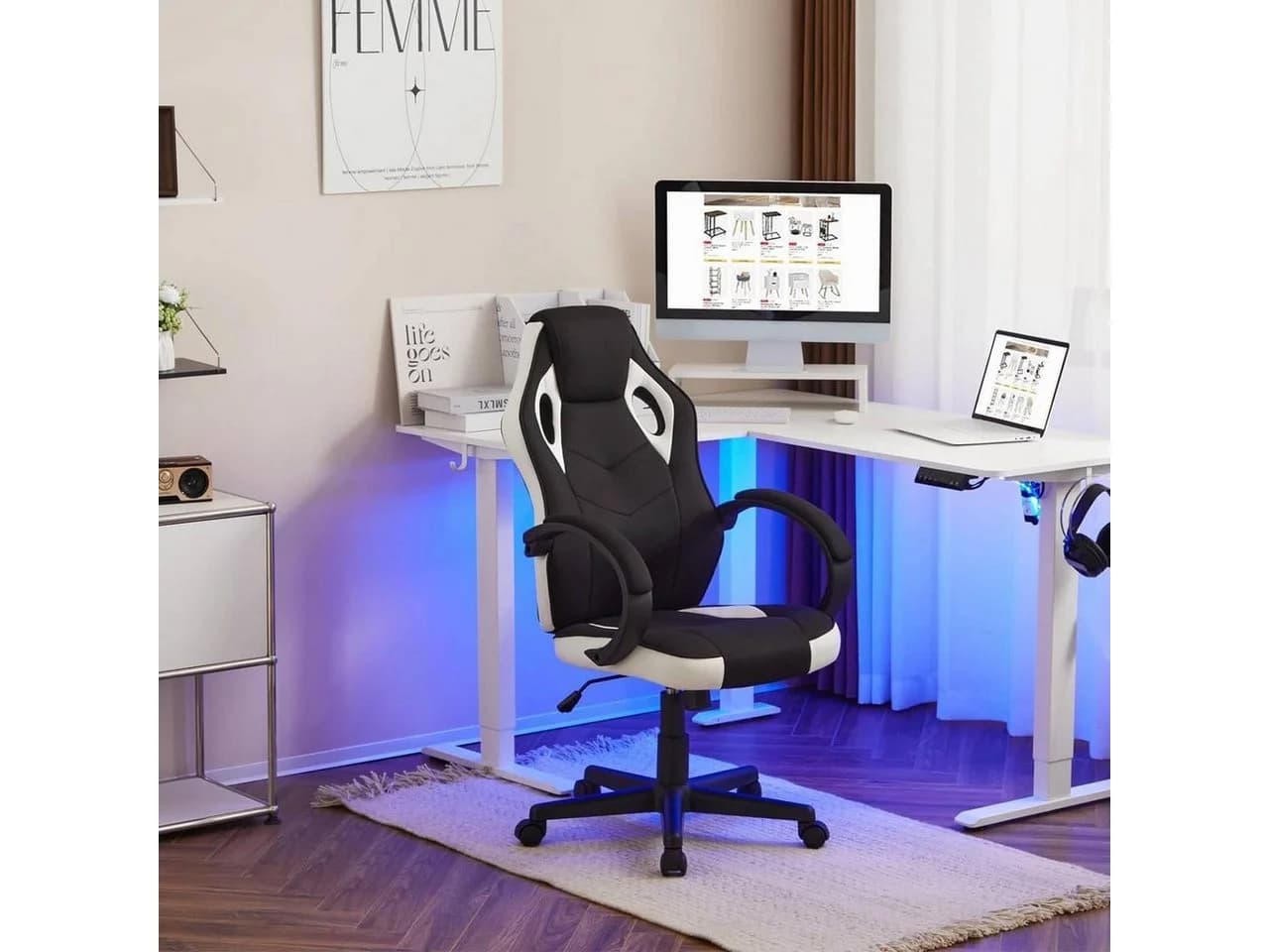 Woltu Gaming-Stuhl Schwarz/Weiß Ergonomisch Höhenverstellbar