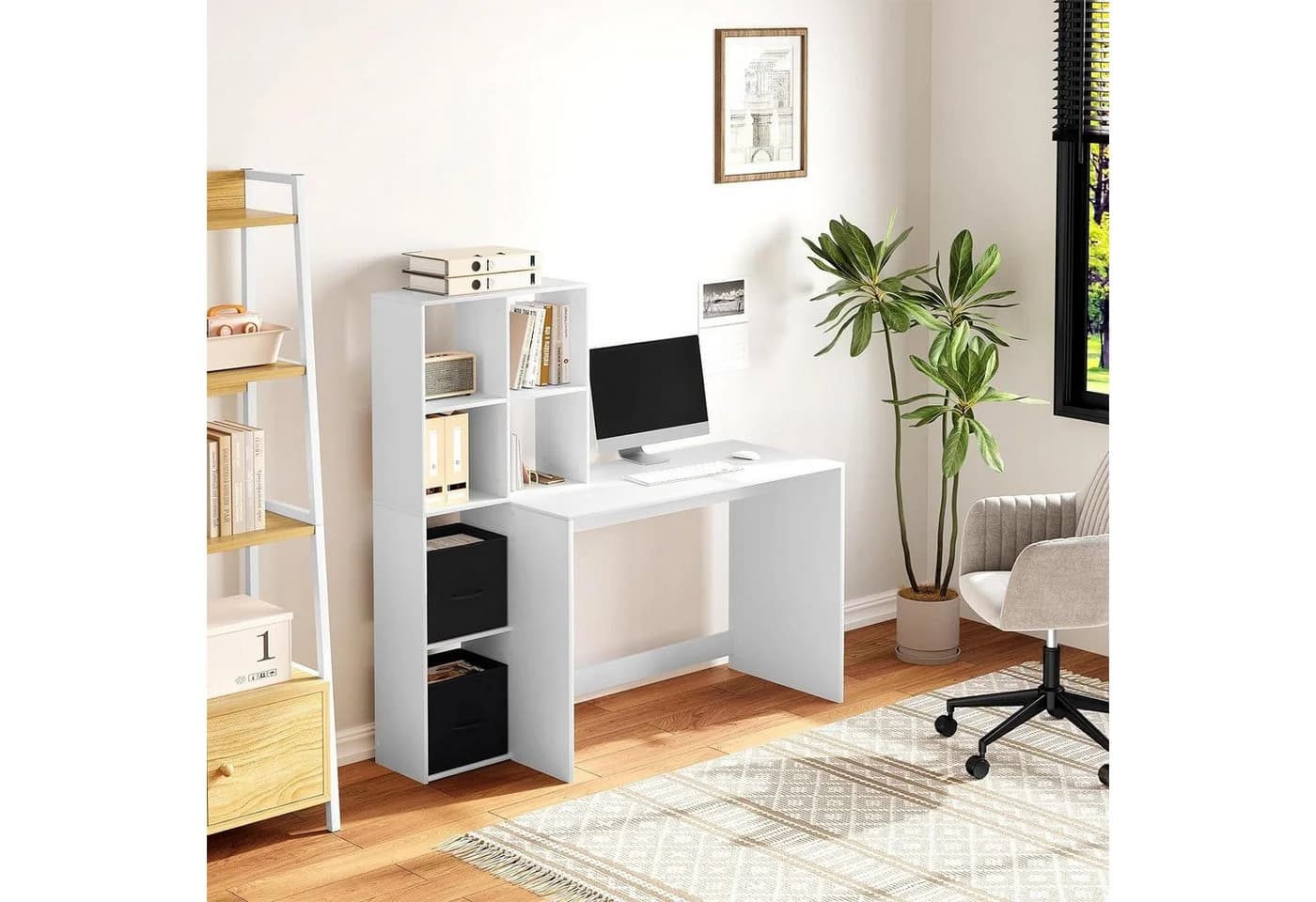 Woltu Schreibtisch mit Regal und 2 Vliesstoffboxen Weiß Modern