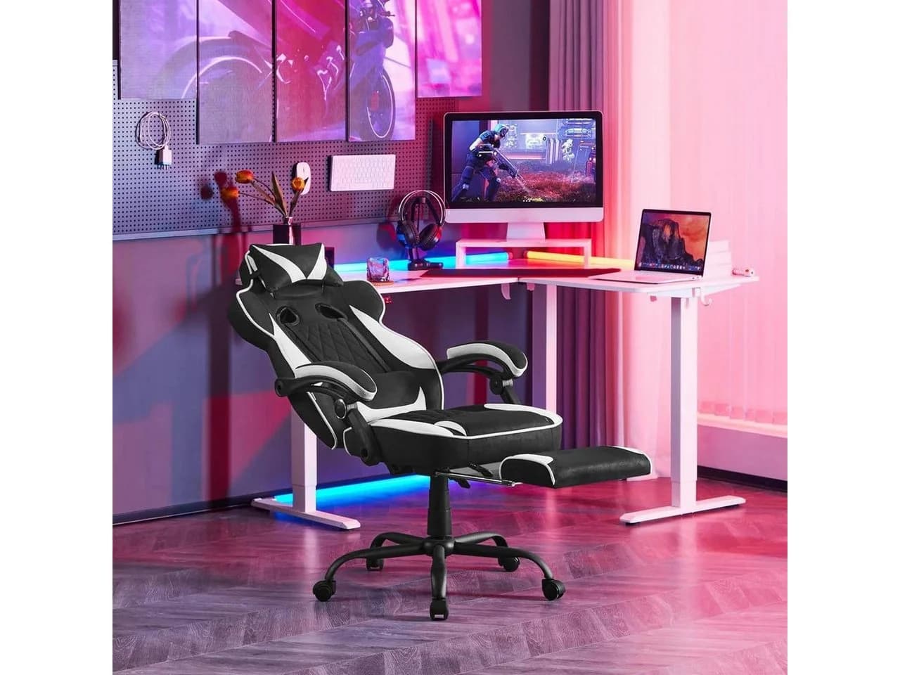 Woltu Gaming-Stuhl Schwarz/Weiß mit Fußstütze und ergonomischem Design
