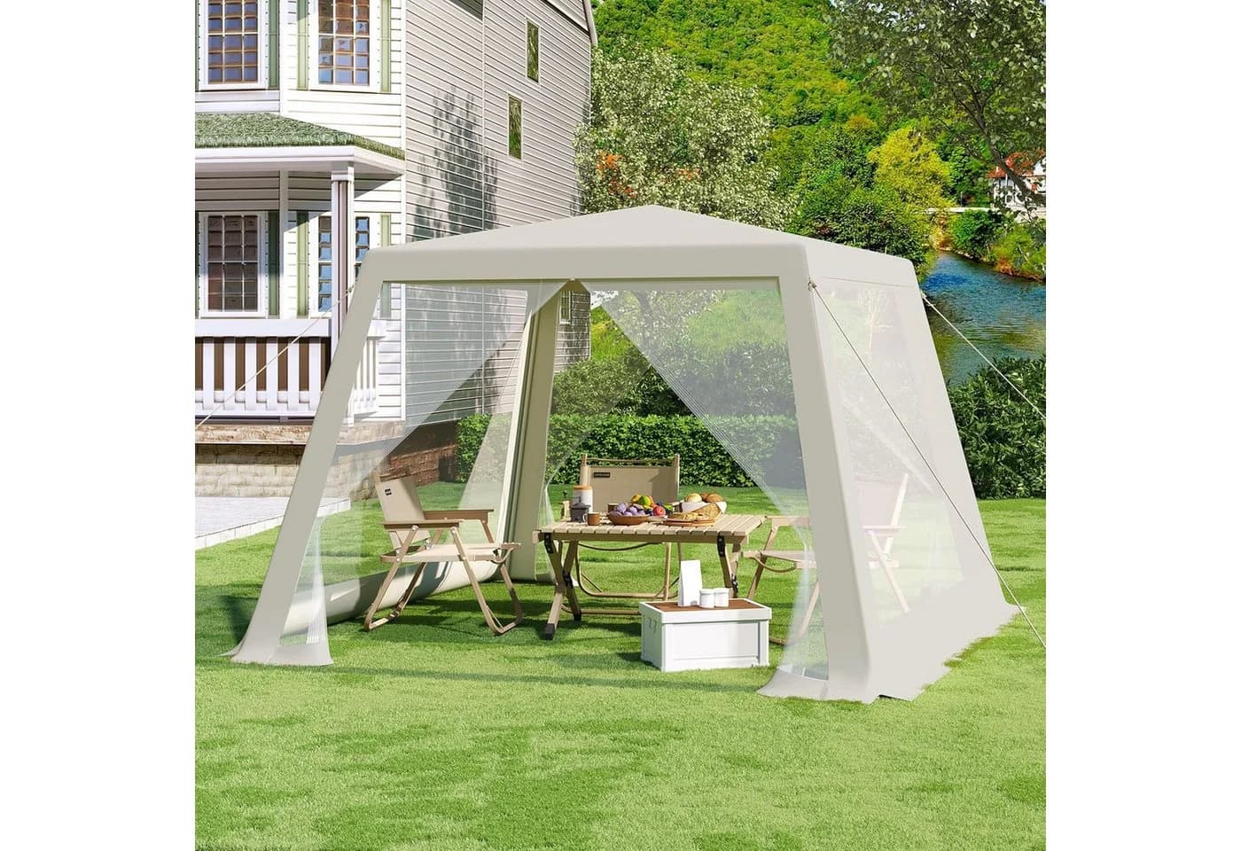 Woltu Gartenpavillon 3x3m mit Moskitonetz und Metallrahmen Beige/Blau