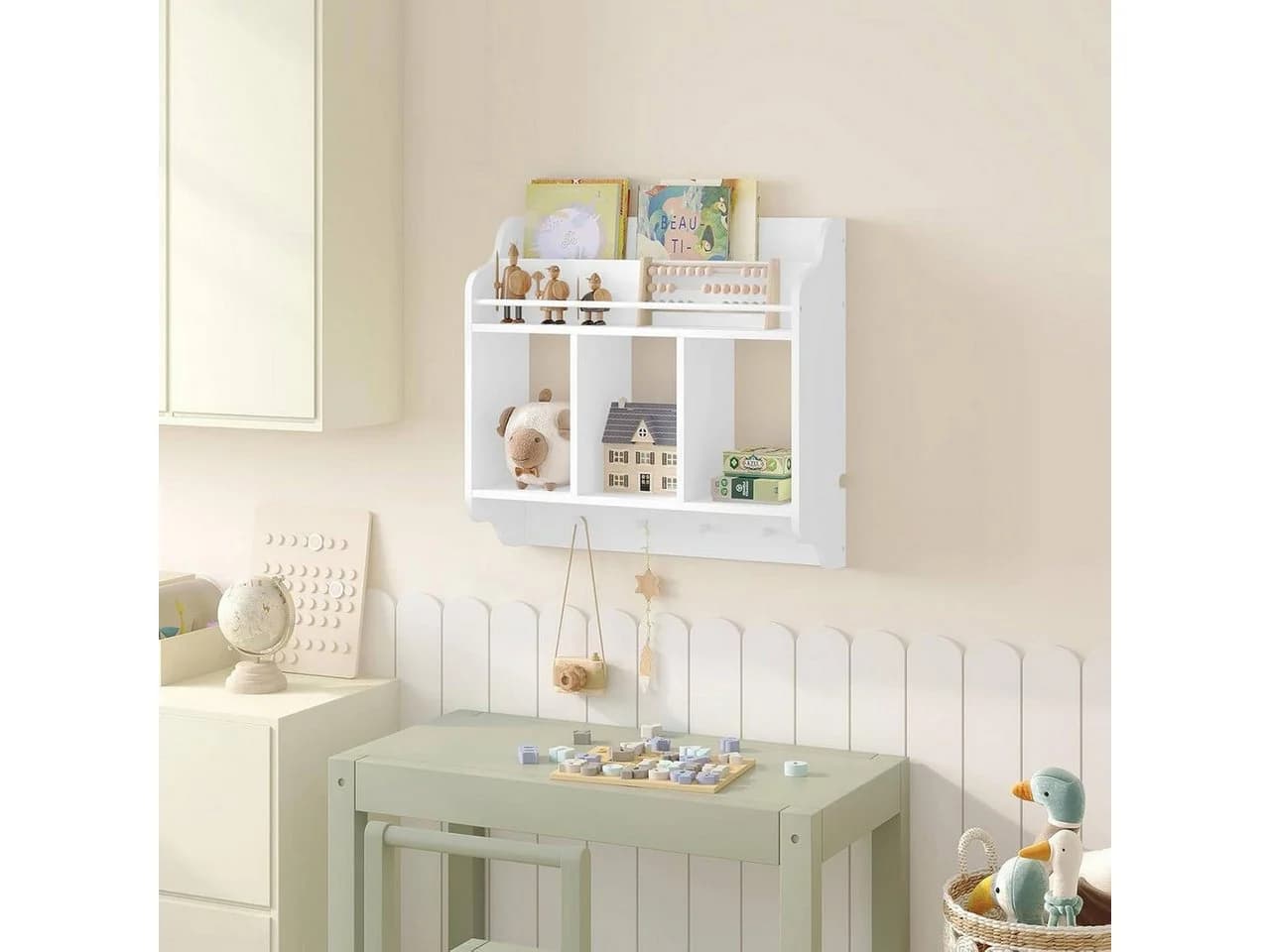 Woltu Kinderregal 1-tlg. Bücherregal mit 1 Oberfach 3 offenen Fächern 4 Haken Weiß