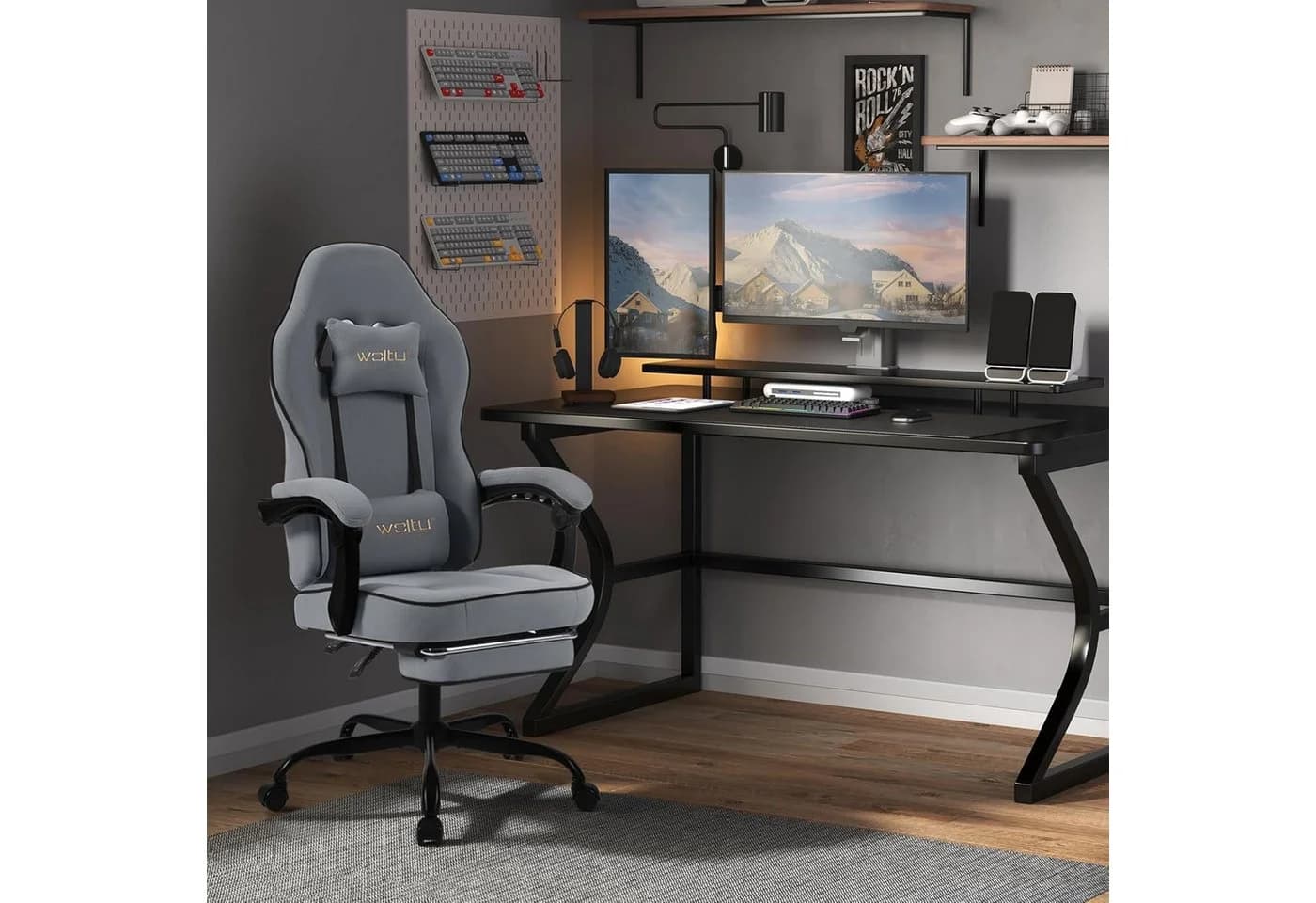 Woltu Gaming-Stuhl mit Kopfkissen, Lendenkissen und Fußstütze, ergonomisch, Netzstoff