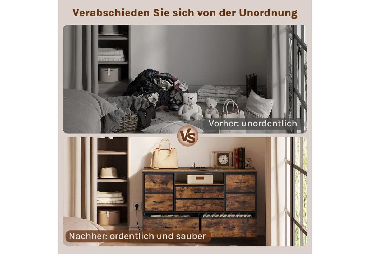 Woltu Kommode Vintage 8 Schubladen Metallrahmen LED Braun/Schwarz