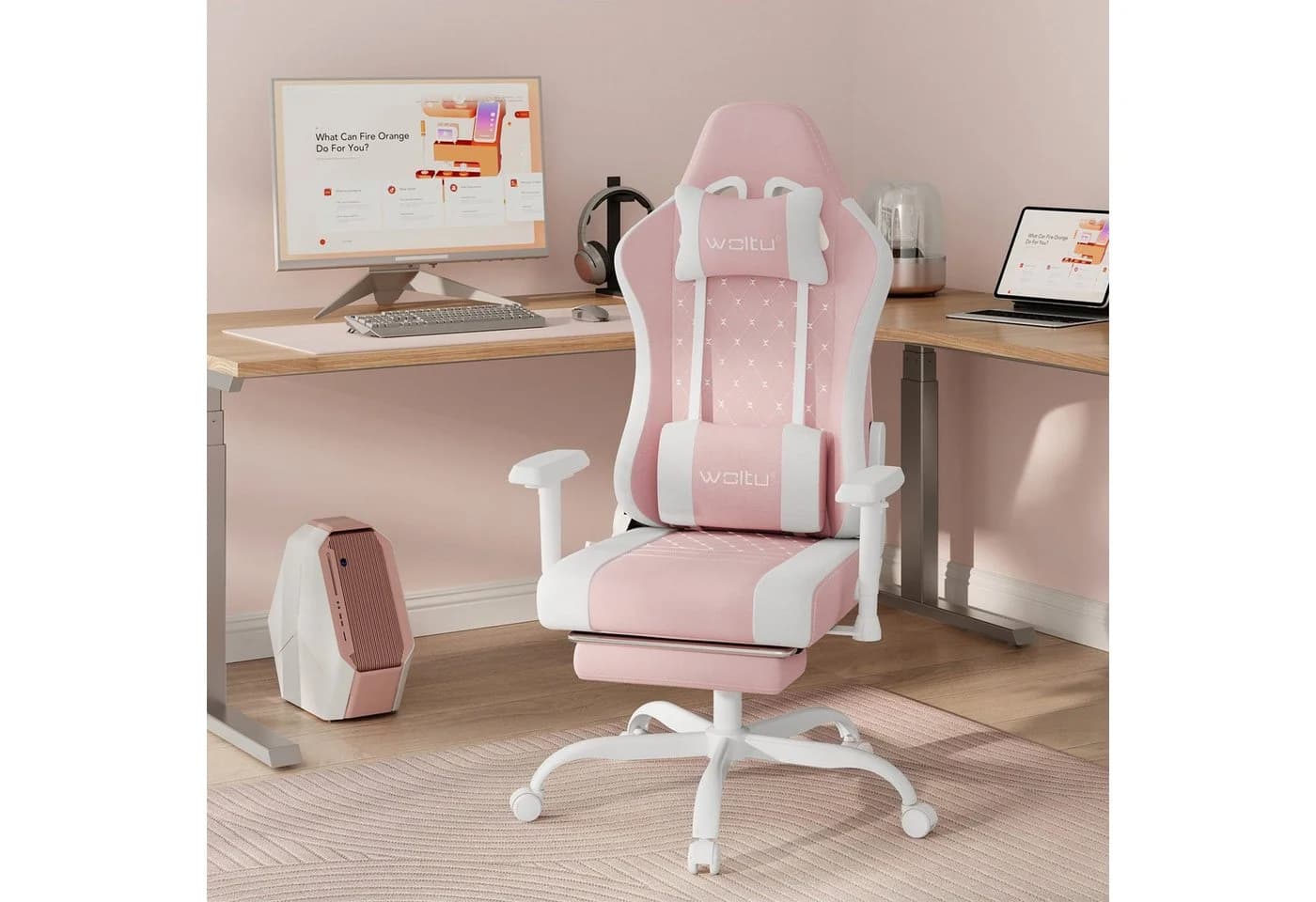 Woltu Gaming-Stuhl Rosa/Weiß mit Massagefunktion & Kopfstütze